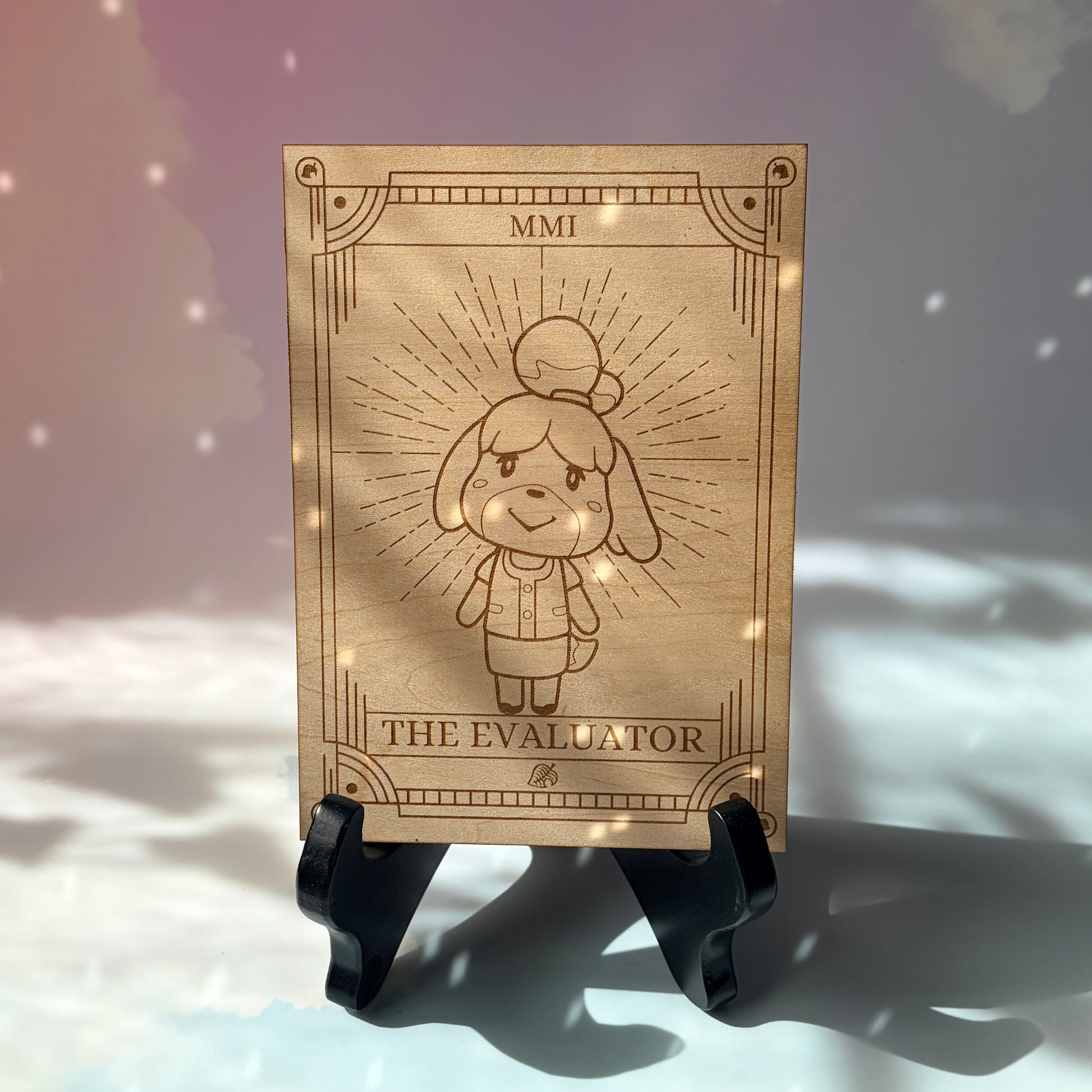 Laser-engraved wooden tarot card featuring Isabelle as "The Evaluator." Inspired by Animal Crossing, perfect for gamers, tarot lovers, and collectors. Cottagecore, cozy gaming decor.