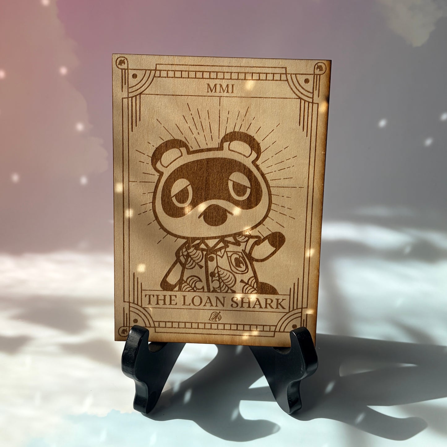 Laser-engraved wooden tarot card featuring Tom Nook as "The Loan Shark." Inspired by Animal Crossing, perfect for gamers, tarot lovers, and collectors. Cottagecore, cozy gaming decor.
