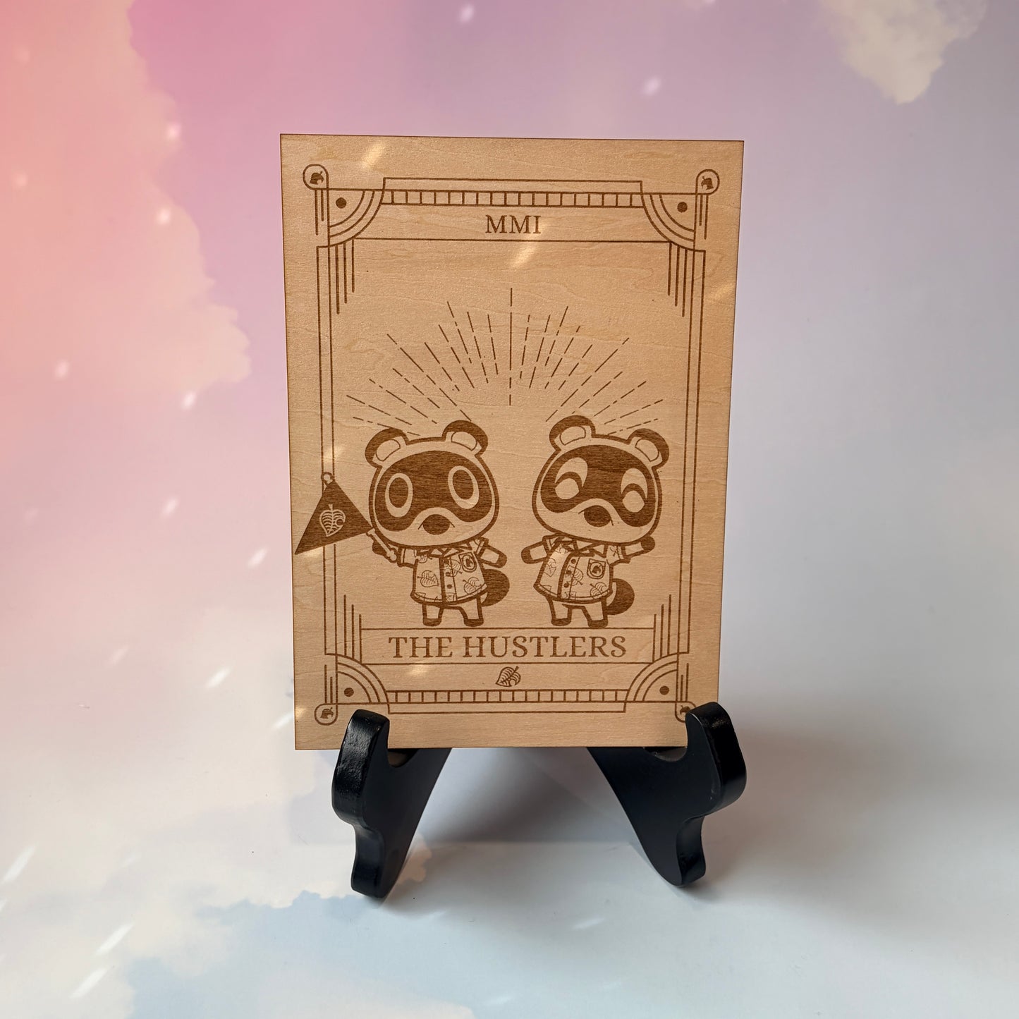 Laser-engraved wooden tarot card featuring Tommy and Timmy as "The Hustlers." Inspired by Animal Crossing, perfect for gamers, tarot lovers, and collectors. Cottagecore, cozy gaming decor.