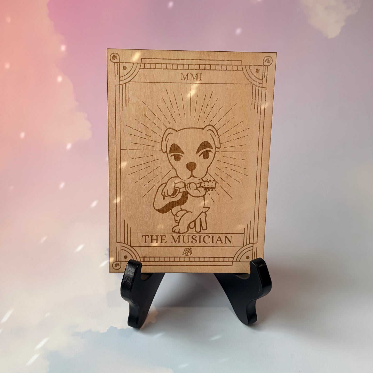 Laser-engraved wooden tarot card featuring KK Slider as "The Musician." Inspired by Animal Crossing, perfect for gamers, tarot lovers, and collectors. Cottagecore, cozy gaming decor.