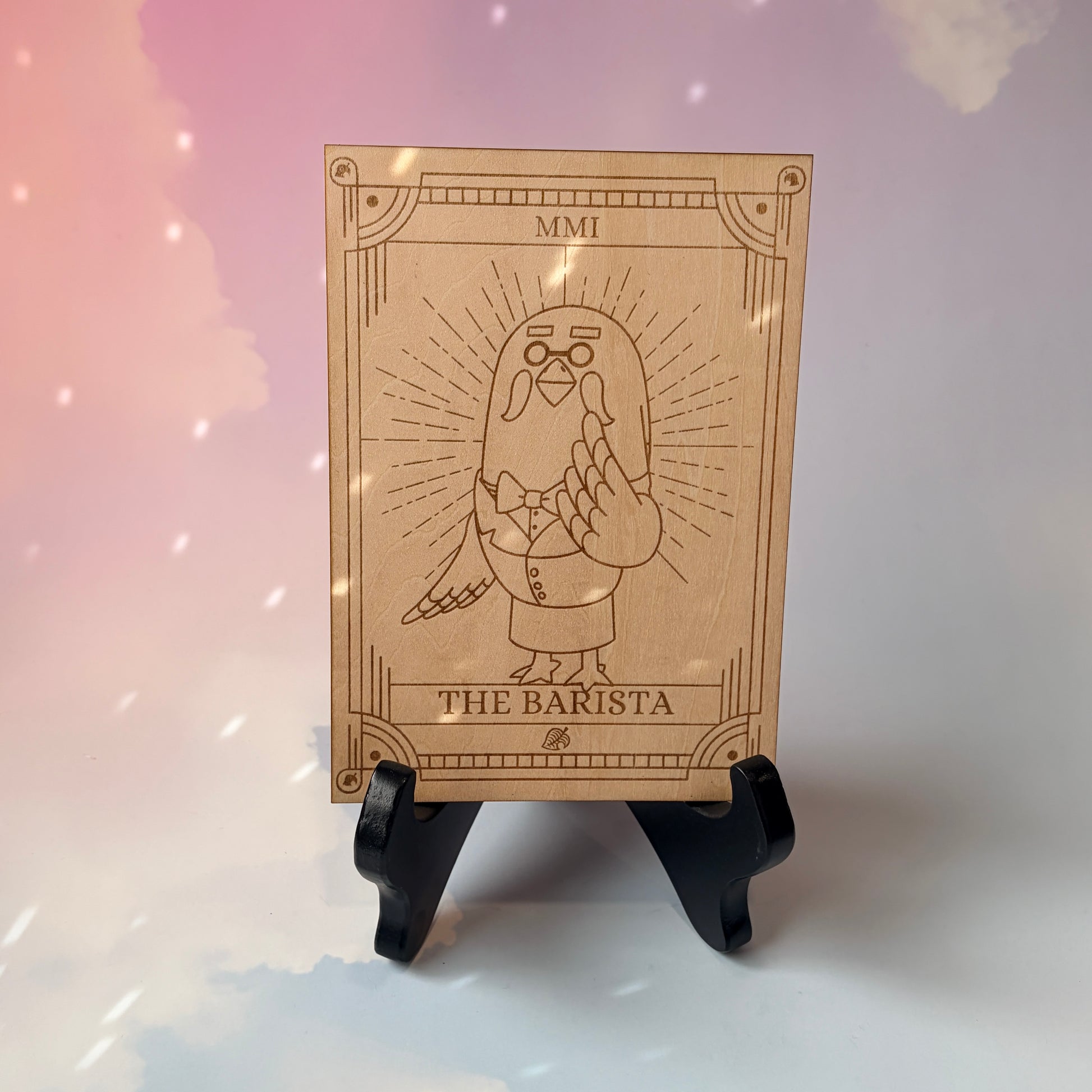 Laser-engraved wooden tarot card featuring Brewster as "The Barista." Inspired by Animal Crossing, perfect for gamers, tarot lovers, and collectors. Cottagecore, cozy gaming decor.