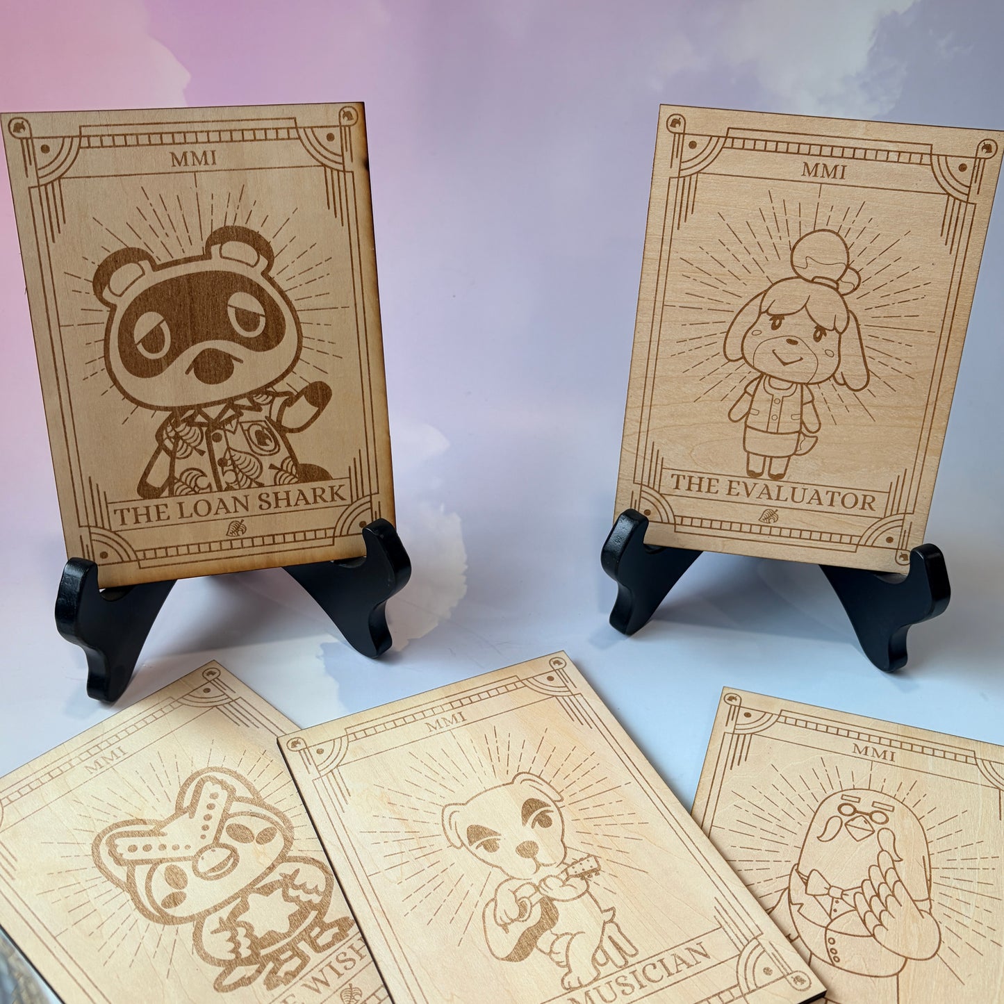 Laser-engraved wooden tarot cards featuring Animal Crossing Characters. Perfect for gamers, tarot lovers, and collectors. Cottagecore, cozy gaming decor.