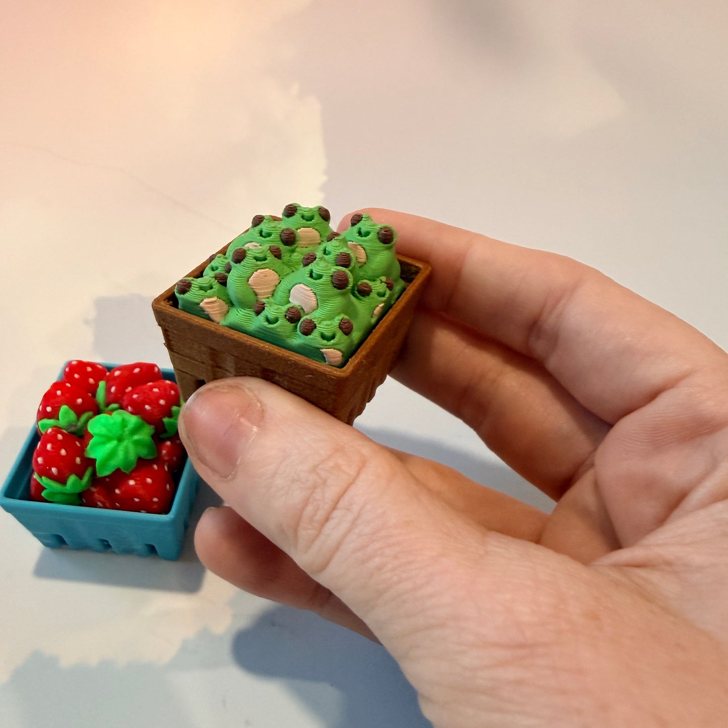 Farmers market themed fidget clicker featuring strawberries and frogs.