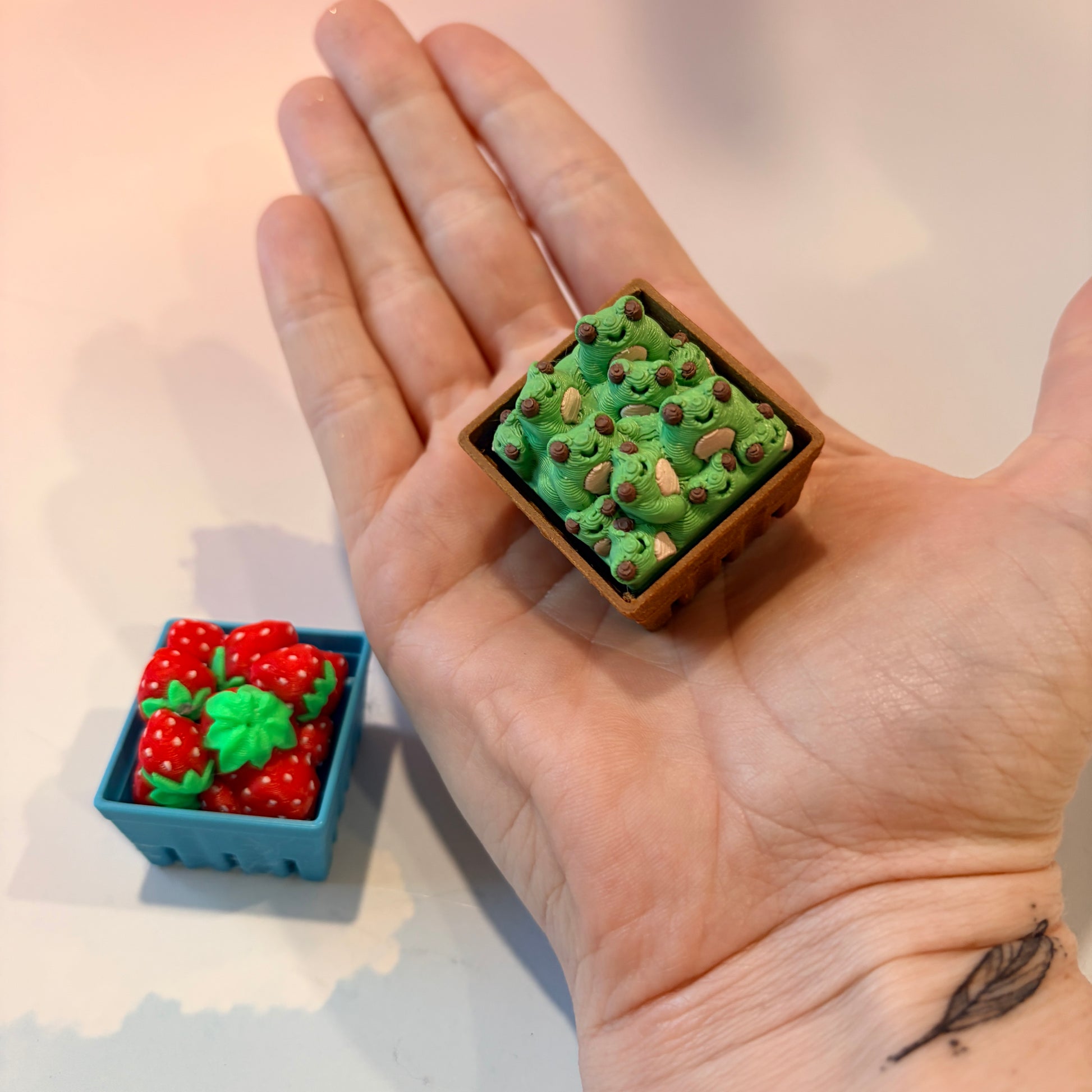 Farmers market themed fidget clicker featuring strawberries and frogs.