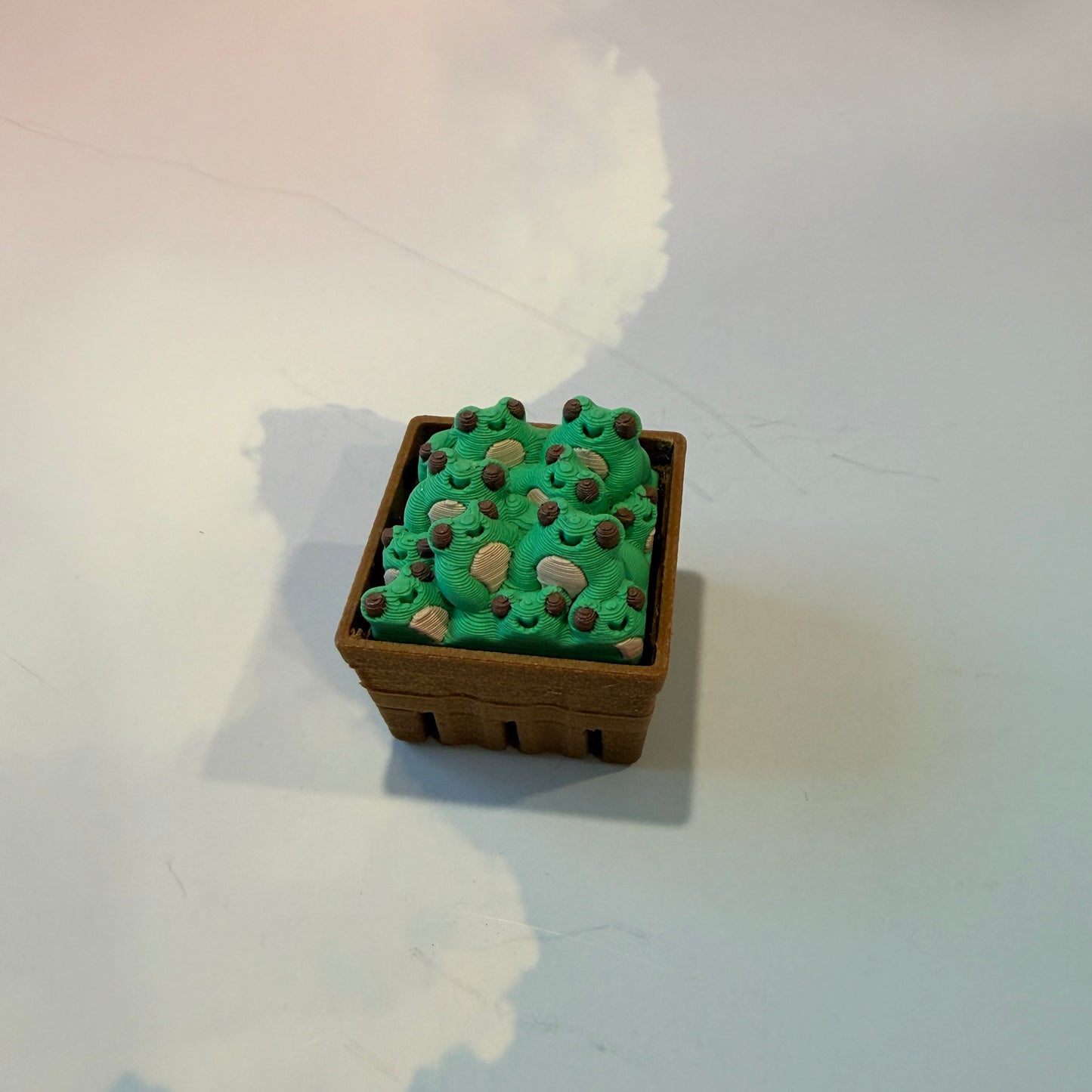 Farmers market themed fidget clicker featuring strawberries and frogs.