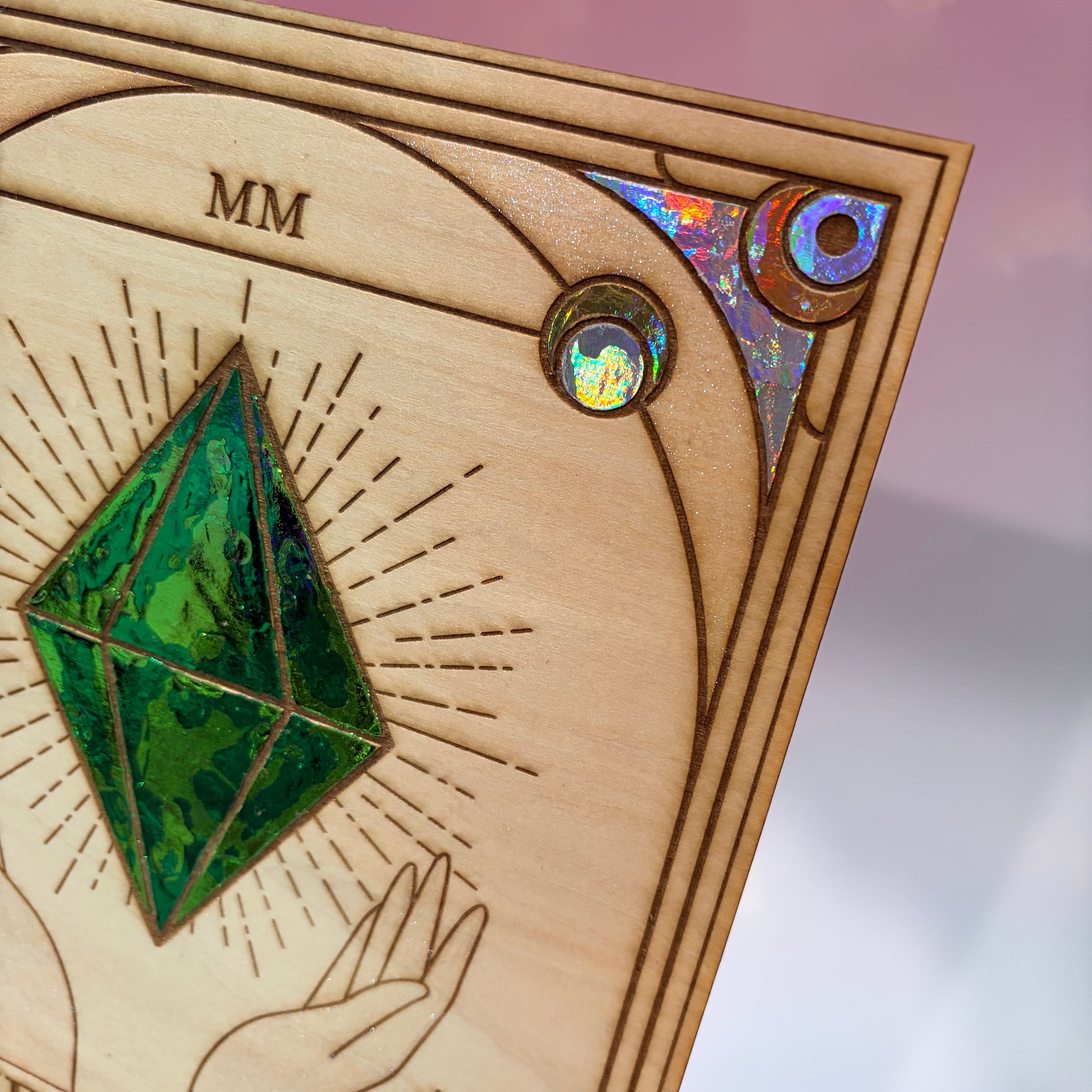 Large laser engraved wooden tarot card featuring a colorful Sims-inspired plumbob with holographic gold and silver foil accents.