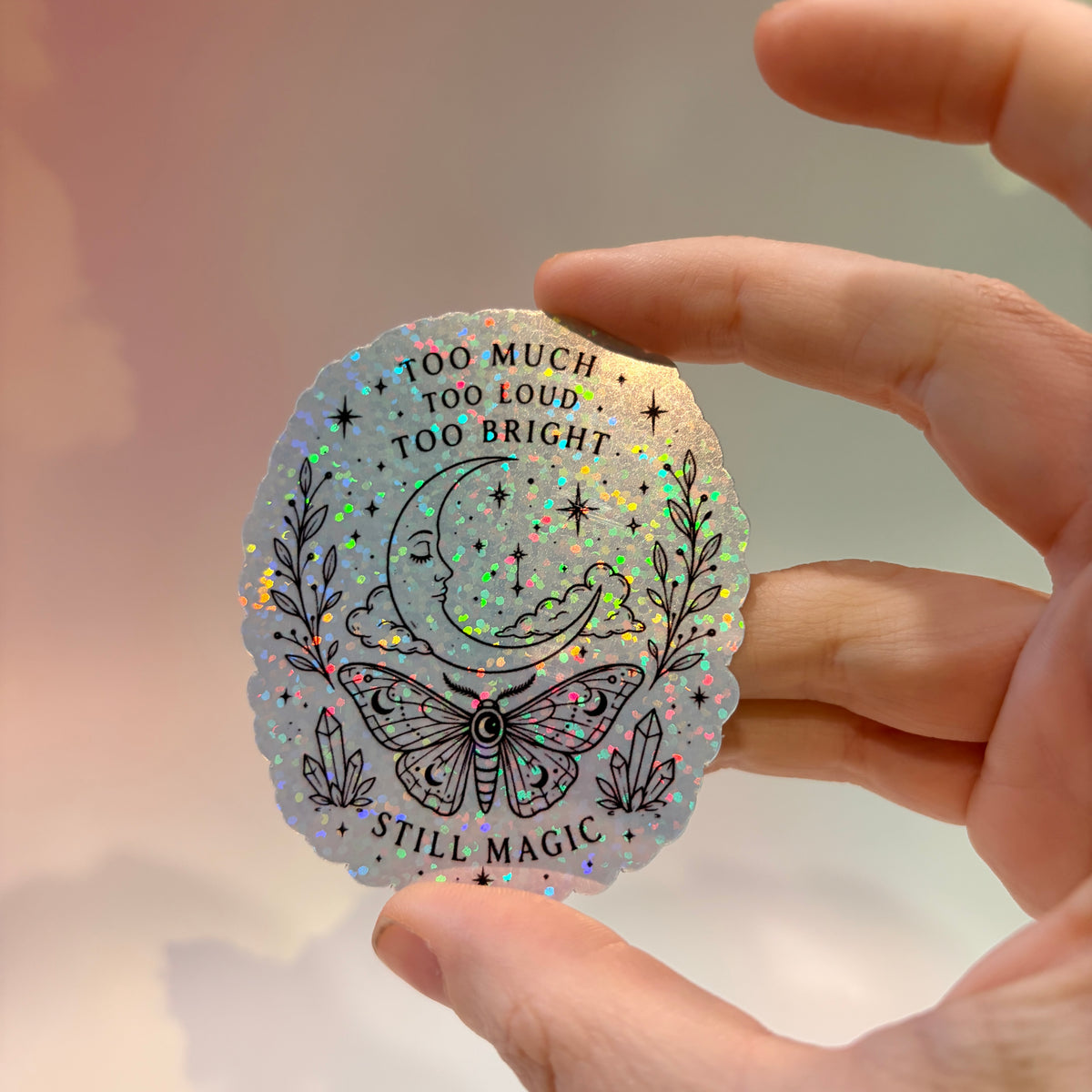 Holographic neurodivergent witchy sticker made from water-resistant vinyl, approximately 2.75 inches, featuring magical designs and neurodivergent humor.