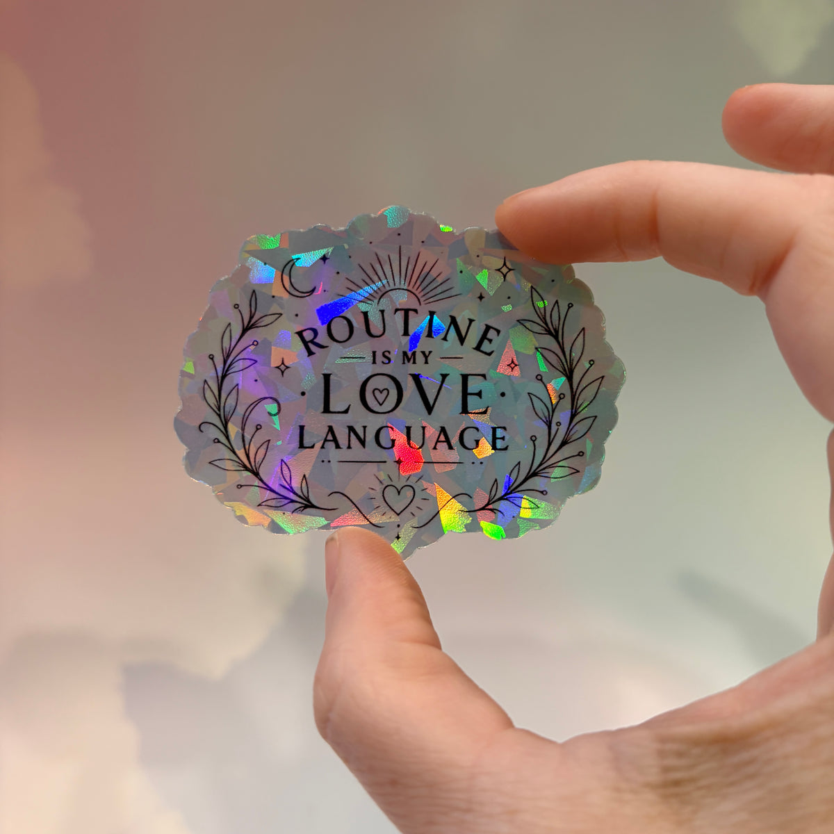 Holographic neurodivergent witchy sticker made from water-resistant vinyl, approximately 2.75 inches, featuring magical designs and neurodivergent humor.