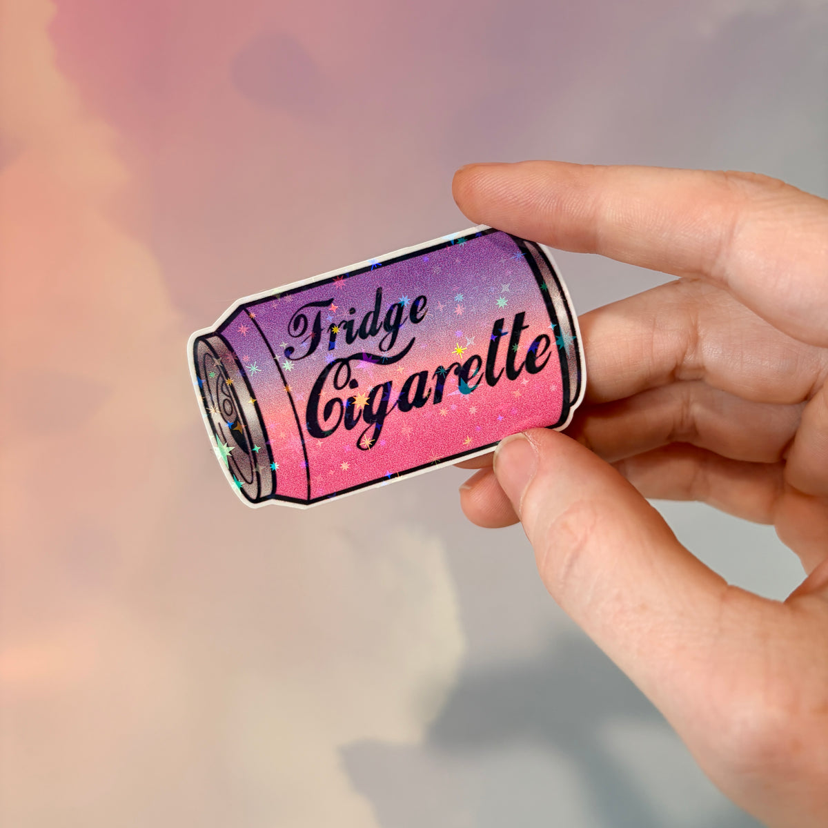Holographic water-resistant vinyl sticker featuring a soda can with the phrase “Fridge Cigarette” in bold lettering.