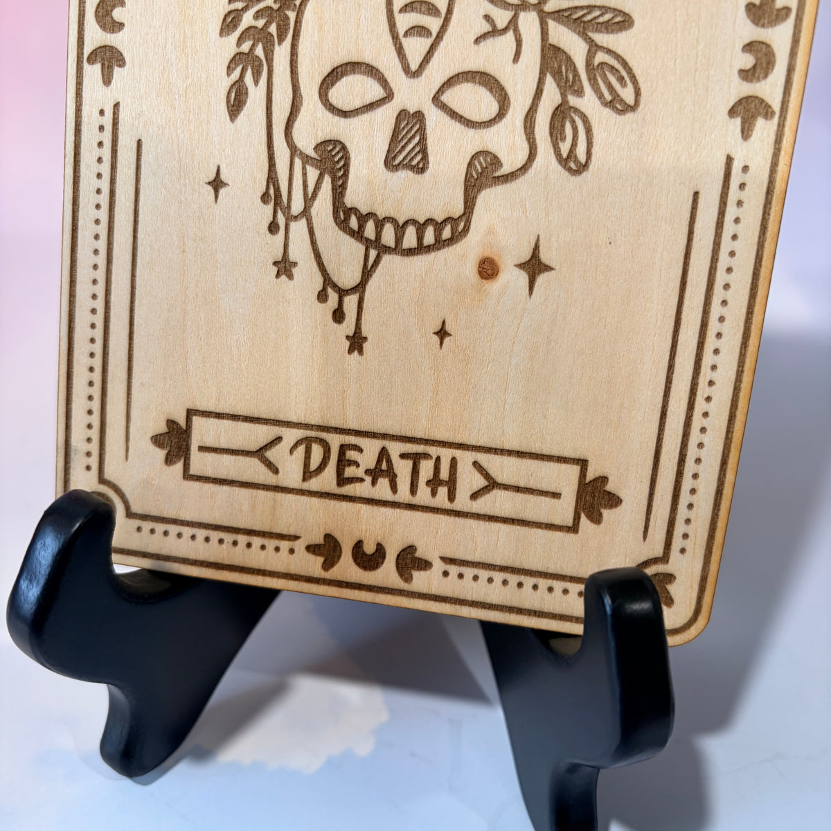 Laser-engraved wooden tarot card made from 3mm basswood, approximately 7 x 5 inches. Available in all 22 Major Arcana designs with customizable colors and an optional display stand for an additional $2.
