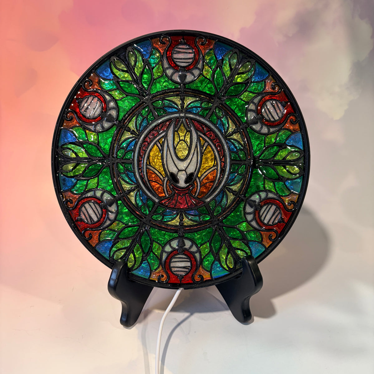 Handmade silksong Hornet resin stained glass fantasy wall art with LED lighting