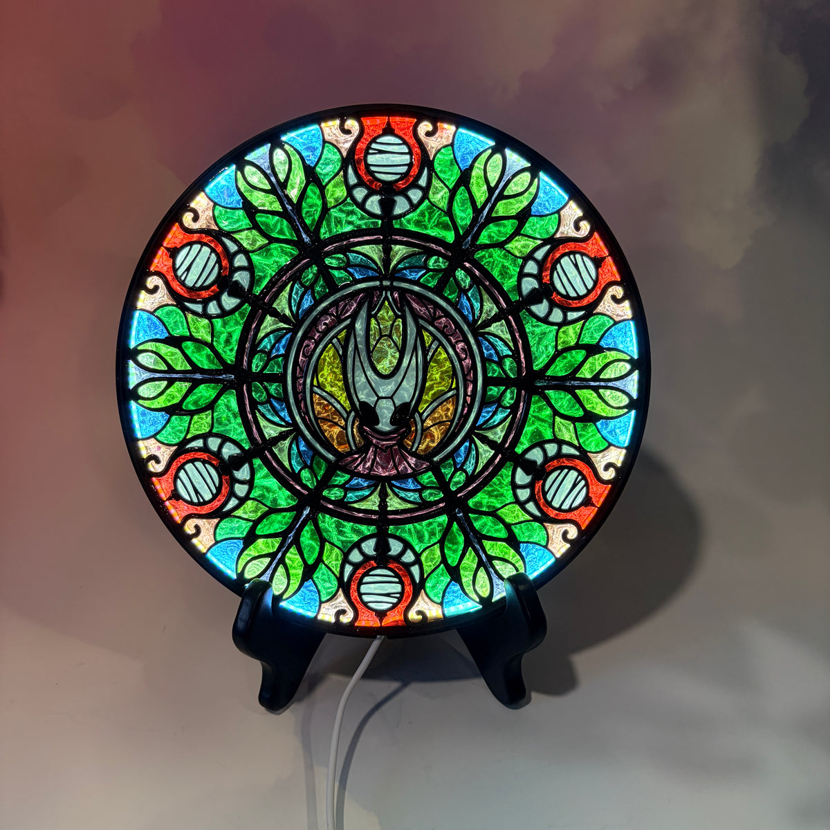 Handmade silksong Hornet resin stained glass fantasy wall art with LED lighting