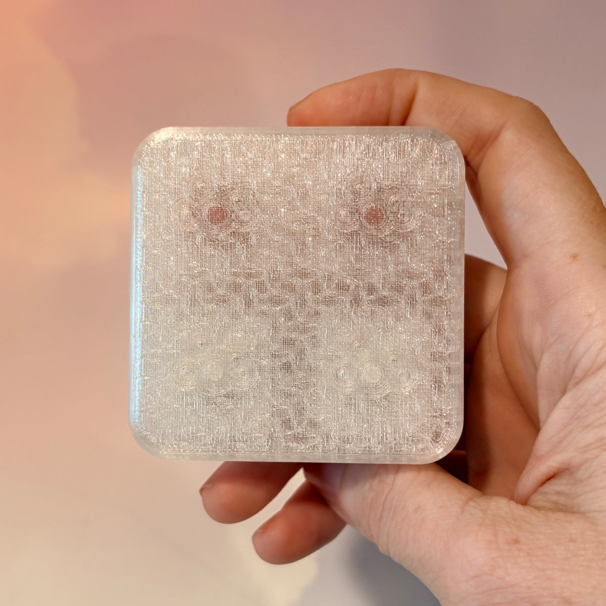 3D printed mini snack box fidget clicker with ham, cheese, and crackers under a semi-transparent lid. Ham and cheese have soft silent presses, while the crackers make satisfying audible clicks.