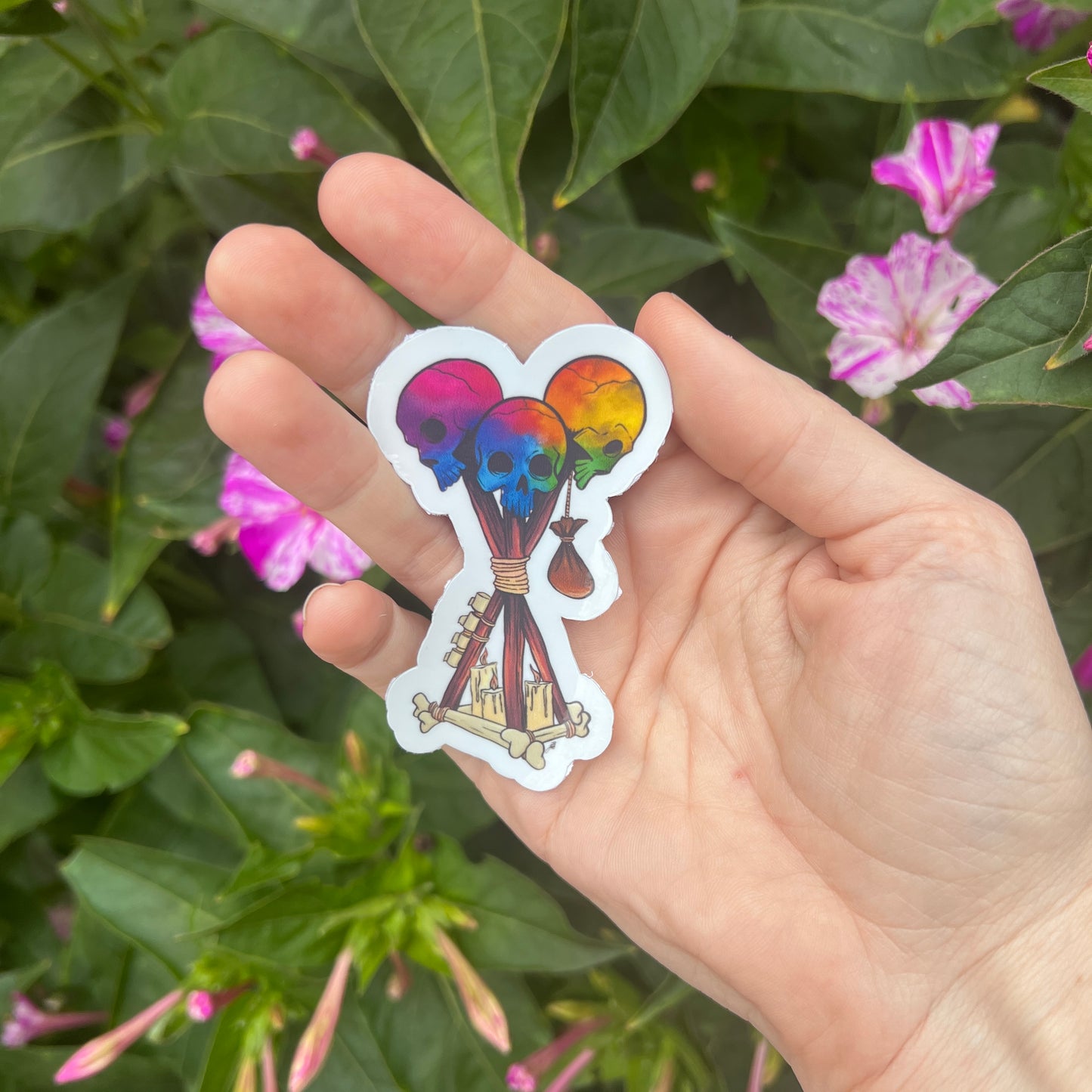 Holographic Dead by Daylight Totem Sticker featuring a skull totem design. Perfect for horror gamers and fans of DBD, this unique gaming decal adds a spooky flair to any collection. Durable and eye-catching, great for laptopsand accessories.