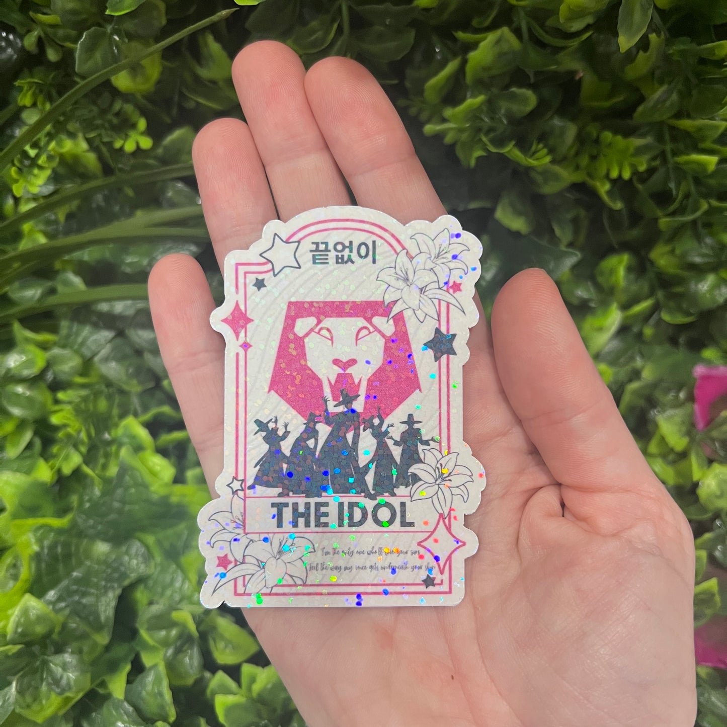 Holographic vinyl tarot sticker set featuring KPOP demon hunter characters: Lovers, Idol, Hunters, and Messengers. Vibrant, 3-inch water-resistant decals. Featuring Huntrix, The Saja Boys, Derpy Tiger, and Rumi and Jinu.