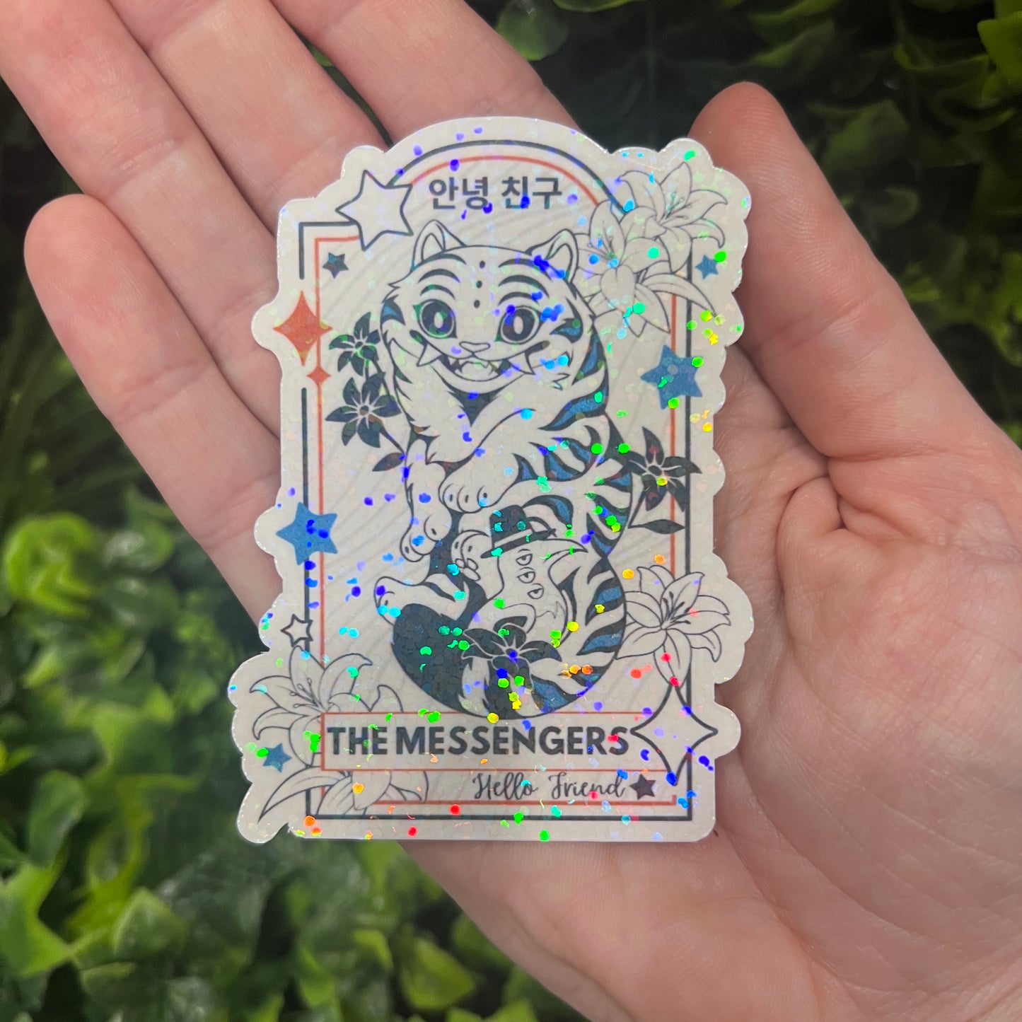 Holographic vinyl tarot sticker set featuring KPOP demon hunter characters: Lovers, Idol, Hunters, and Messengers. Vibrant, 3-inch water-resistant decals. Featuring Huntrix, The Saja Boys, Derpy Tiger, and Rumi and Jinu.