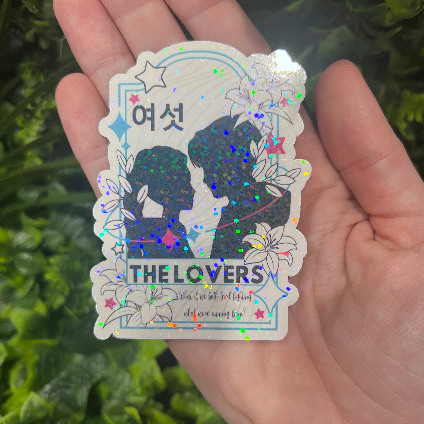 Holographic vinyl tarot sticker set featuring KPOP demon hunter characters: Lovers, Idol, Hunters, and Messengers. Vibrant, 3-inch water-resistant decals. Featuring Huntrix, The Saja Boys, Derpy Tiger, and Rumi and Jinu.