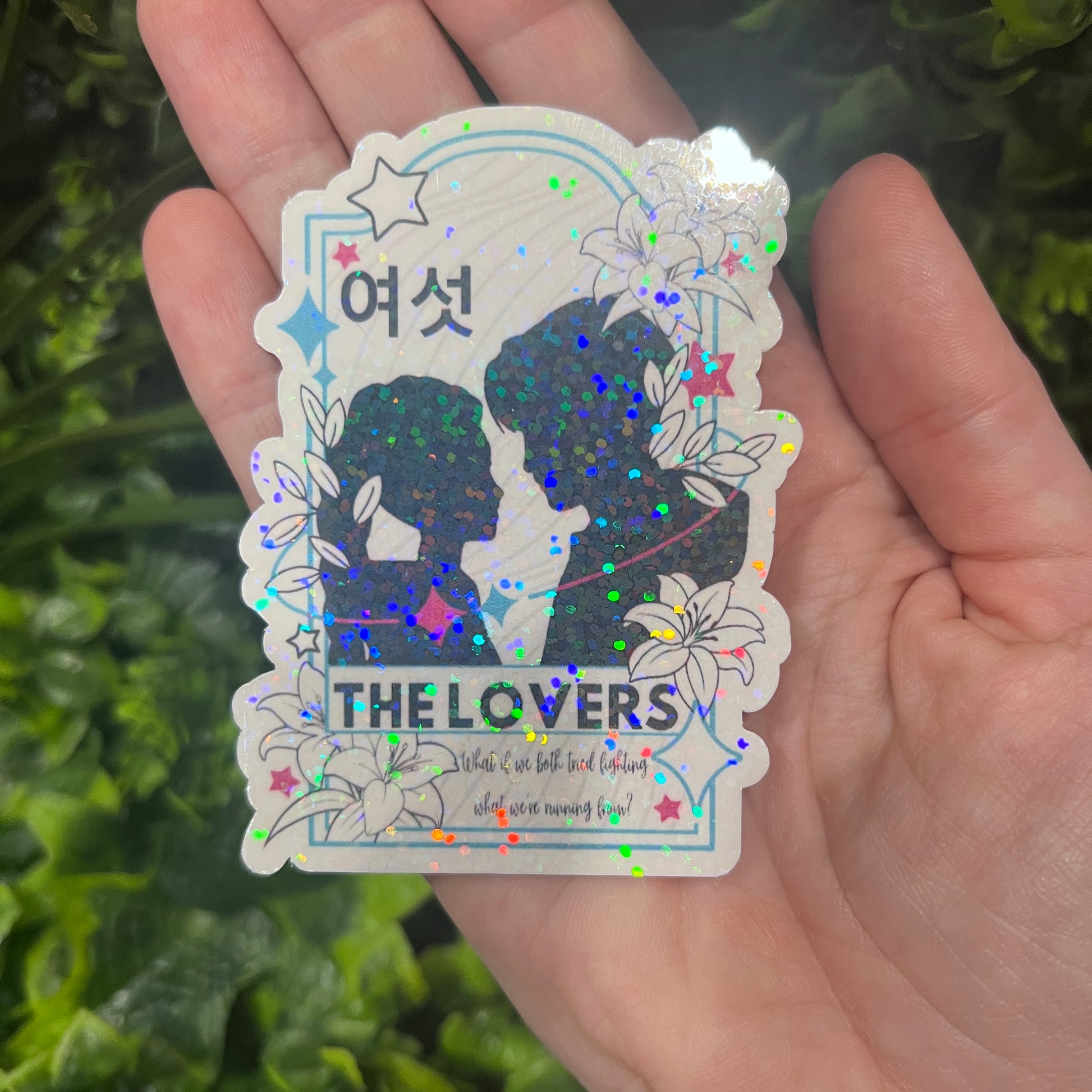 Holographic vinyl tarot sticker set featuring KPOP demon hunter characters: Lovers, Idol, Hunters, and Messengers. Vibrant, 3-inch water-resistant decals. Featuring Huntrix, The Saja Boys, Derpy Tiger, and Rumi and Jinu.