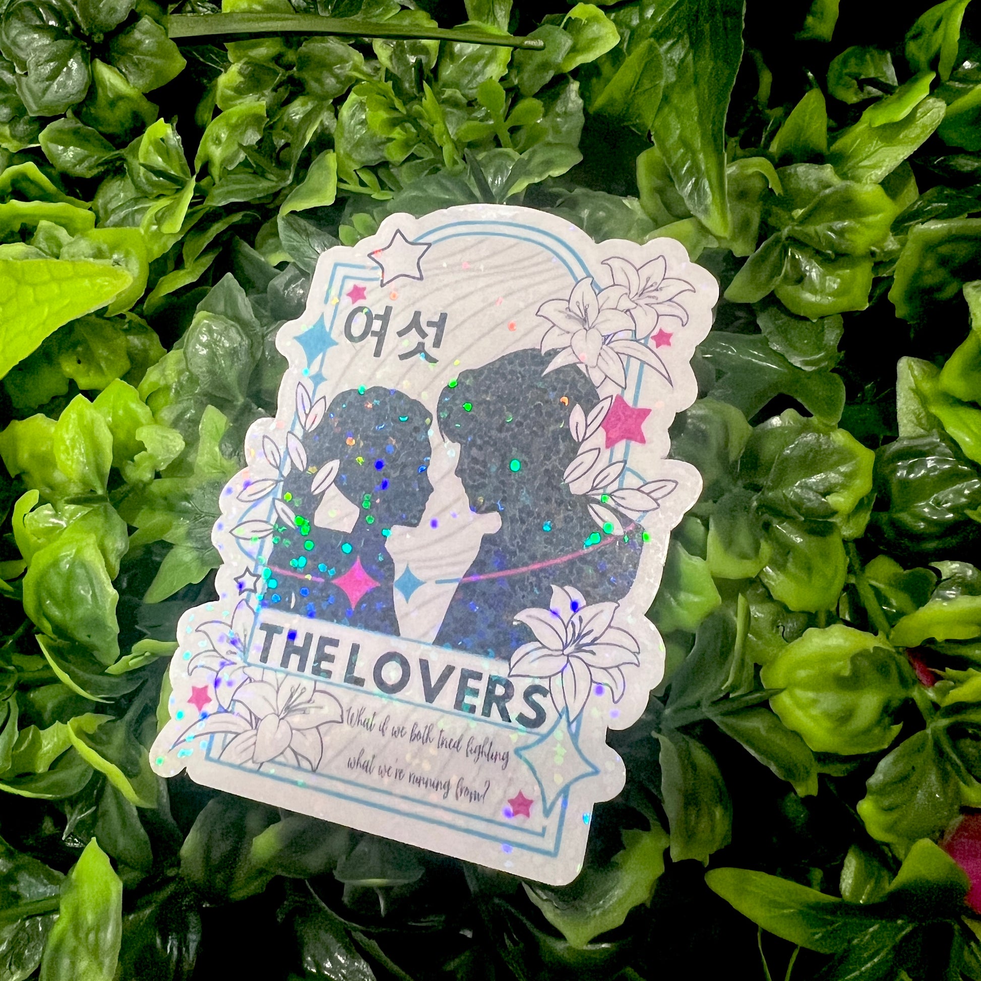 Holographic vinyl tarot sticker set featuring KPOP demon hunter characters: Lovers, Idol, Hunters, and Messengers. Vibrant, 3-inch water-resistant decals. Featuring Huntrix, The Saja Boys, Derpy Tiger, and Rumi and Jinu.