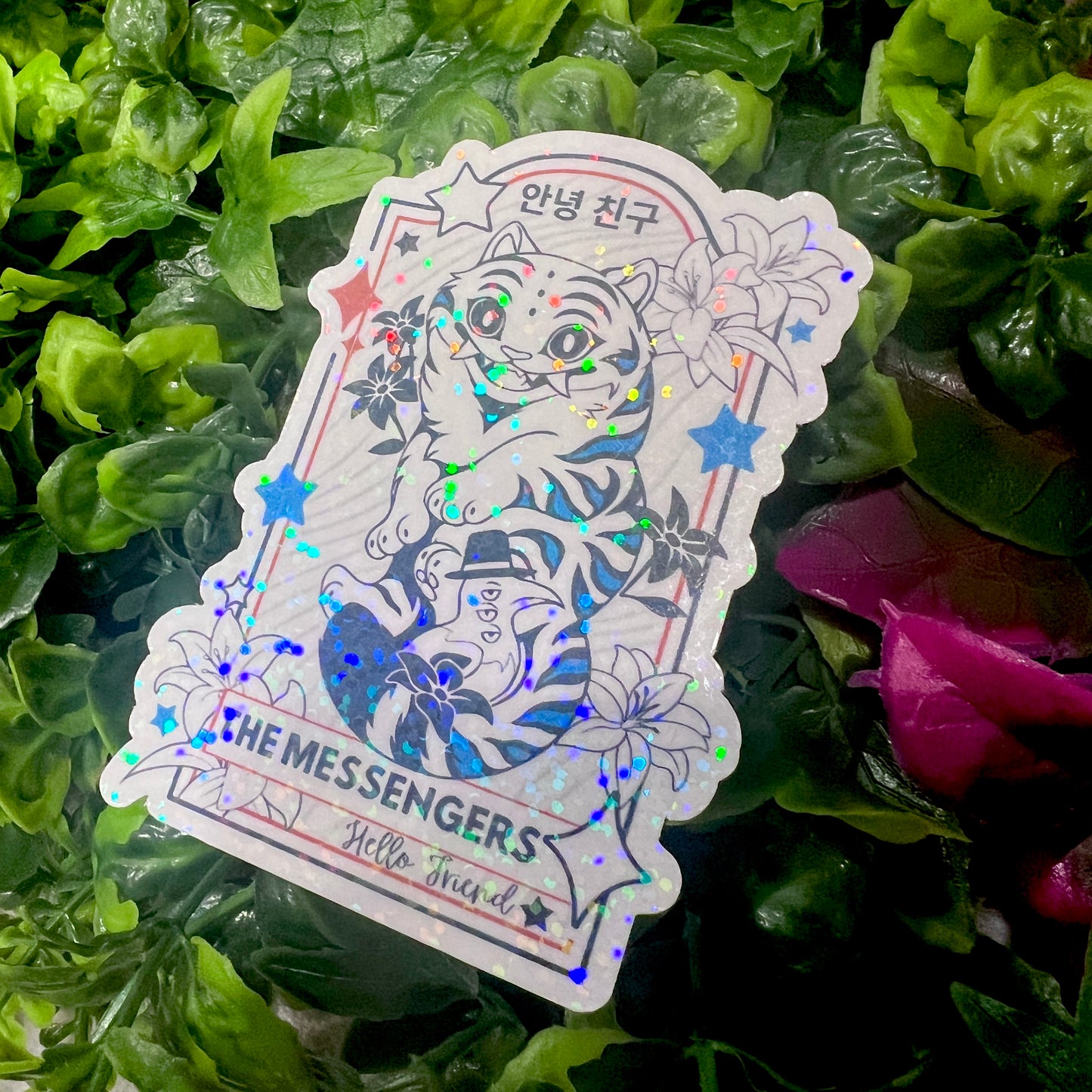 Holographic vinyl tarot sticker set featuring KPOP demon hunter characters: Lovers, Idol, Hunters, and Messengers. Vibrant, 3-inch water-resistant decals. Featuring Huntrix, The Saja Boys, Derpy Tiger, and Rumi and Jinu.