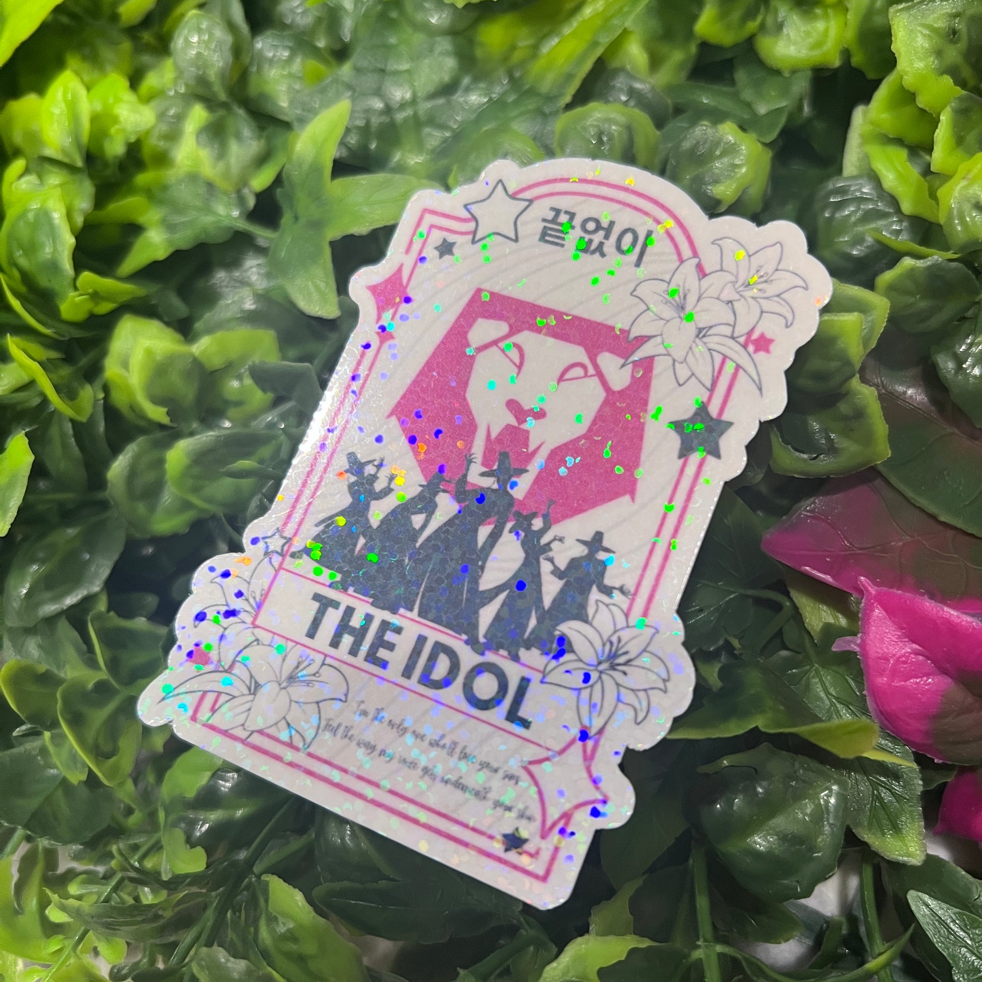 Holographic vinyl tarot sticker set featuring KPOP demon hunter characters: Lovers, Idol, Hunters, and Messengers. Vibrant, 3-inch water-resistant decals. Featuring Huntrix, The Saja Boys, Derpy Tiger, and Rumi and Jinu.