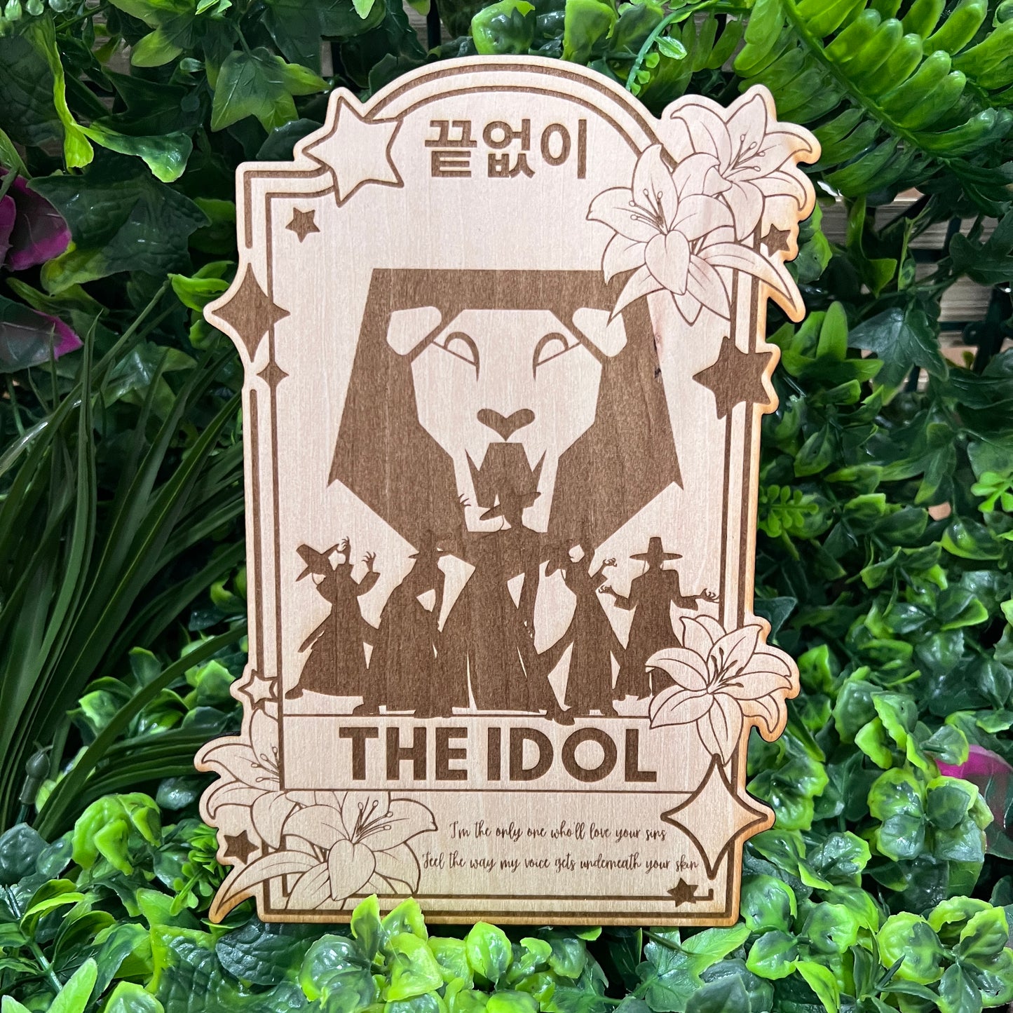 Laser engraved wooden tarot card featuring the Saja Boys as The Idol from KPOP Demon Hunters. A bold fusion of pop power and magical style.