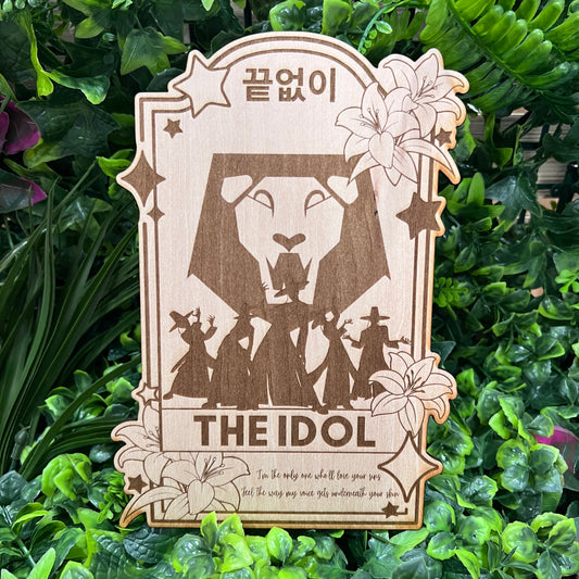 Laser engraved wooden tarot card featuring the Saja Boys as The Idol from KPOP Demon Hunters. A bold fusion of pop power and magical style.