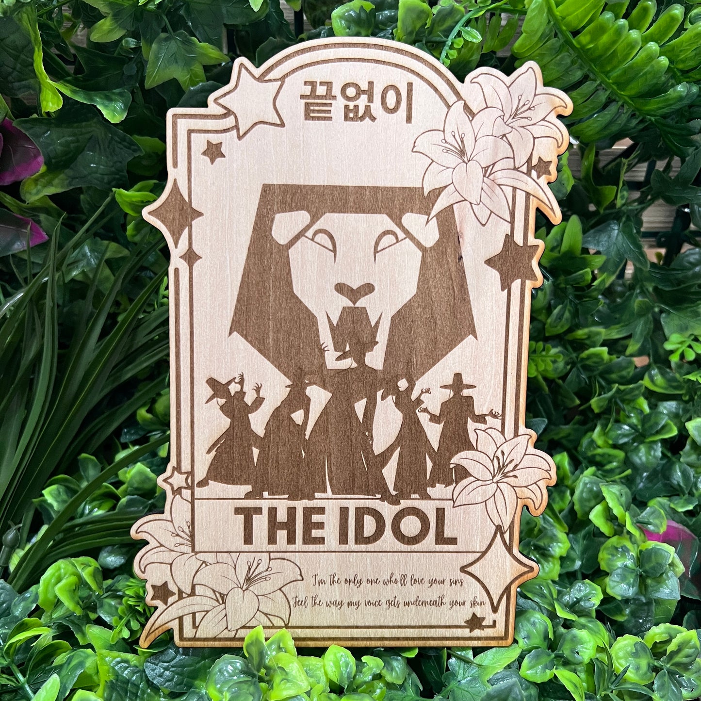 Laser engraved wooden tarot card featuring the Saja Boys as The Idol from KPOP Demon Hunters. A bold fusion of pop power and magical style.