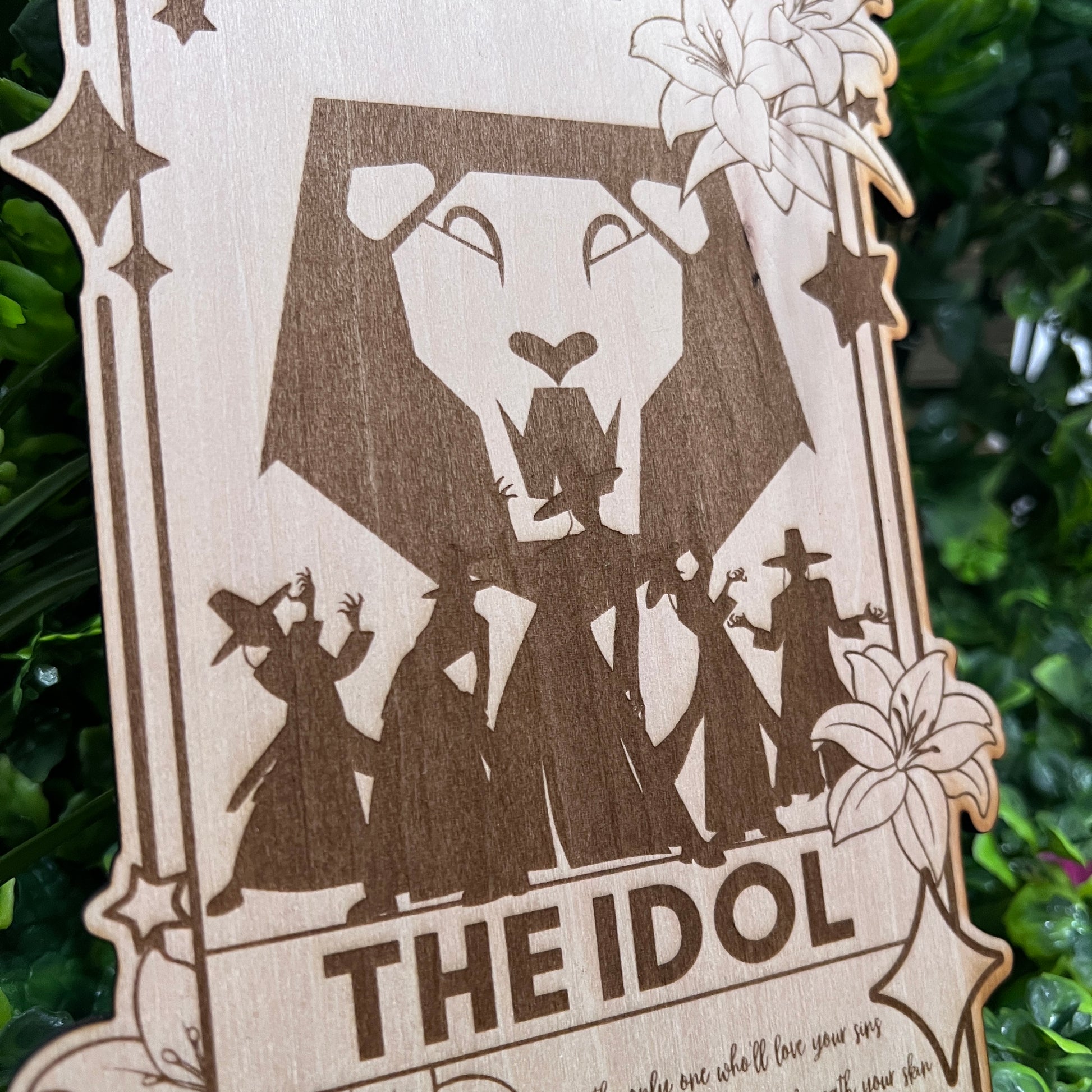 Laser engraved wooden tarot card featuring the Saja Boys as The Idol from KPOP Demon Hunters. A bold fusion of pop power and magical style.