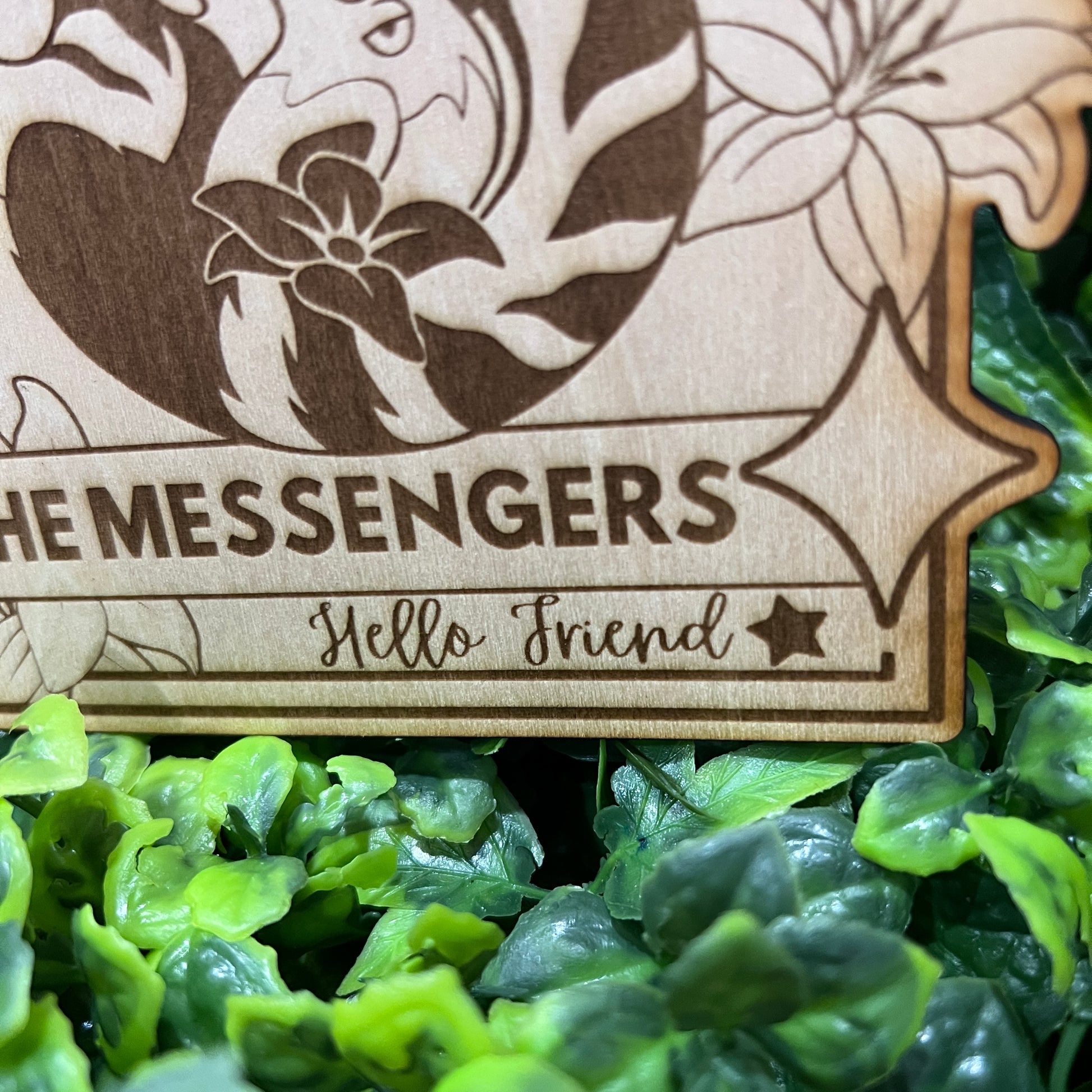 Wooden tarot card engraved with Derpy Tiger as The Messengers from KPOP Demon Hunters. Whimsical design with a magical, mystical twist.