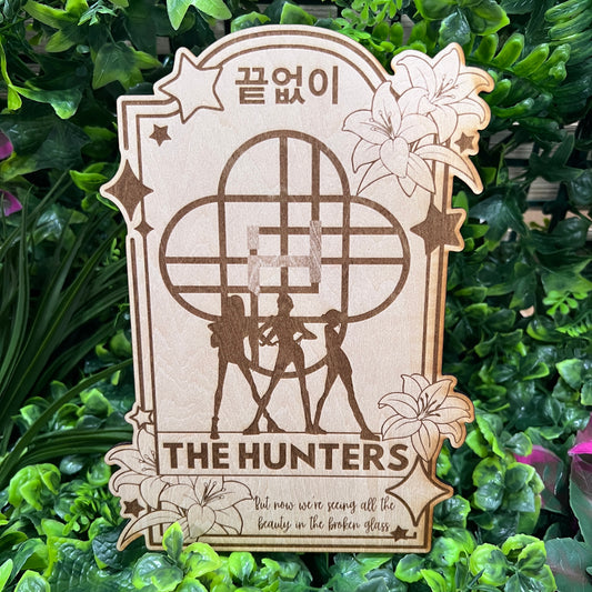 Laser engraved wood tarot card featuring Huntrix as The Hunters from KPOP Demon Hunters. A unique witchcore art piece for tarot and KPOP lovers alike.
