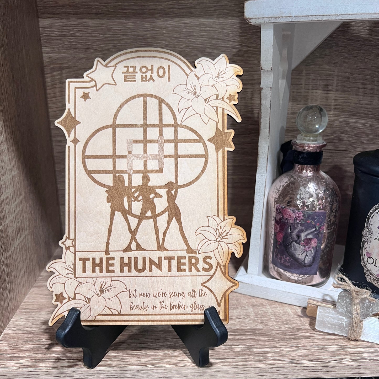 
Laser engraved wood tarot card featuring Huntrix as The Hunters from KPOP Demon Hunters. A unique witchcore art piece for tarot and KPOP lovers alike.