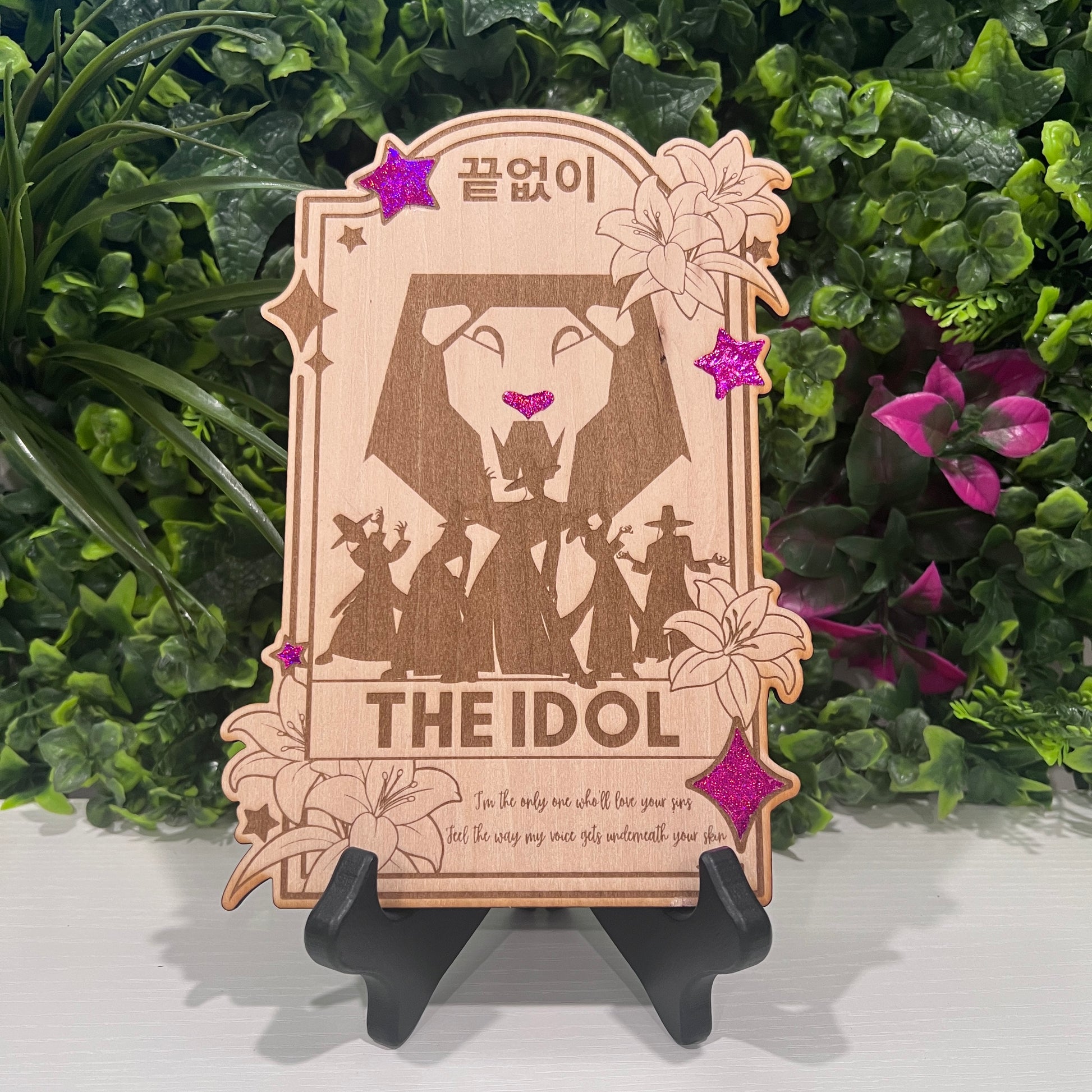 Laser engraved wooden tarot card with magenta foil accents featuring the Saja Boys as The Idol from KPOP Demon Hunters. A bold fusion of pop power and magical style.