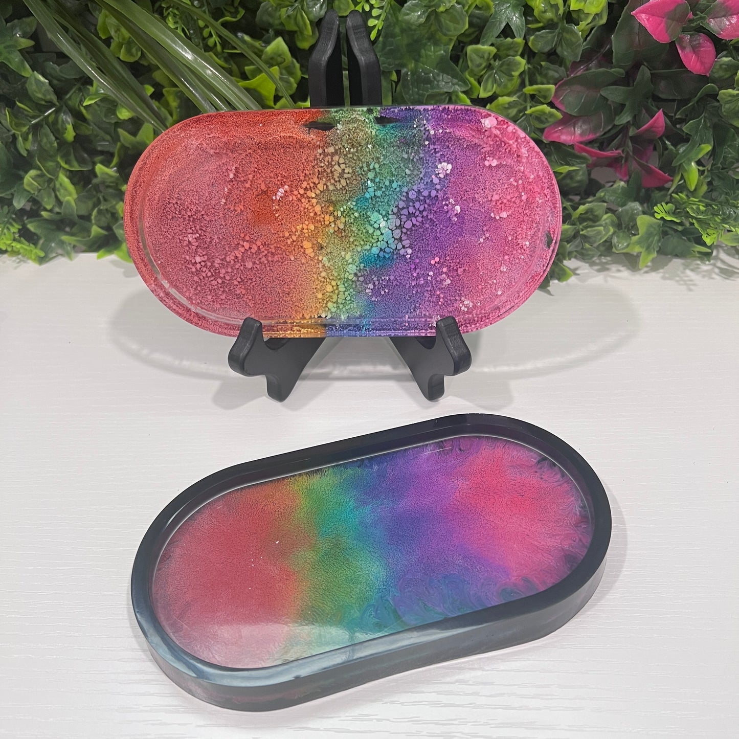 Handmade resin trinket tray with a vibrant rainbow petri pattern. Perfect as a jewelry holder, catchall dish, or colorful home decor accent.