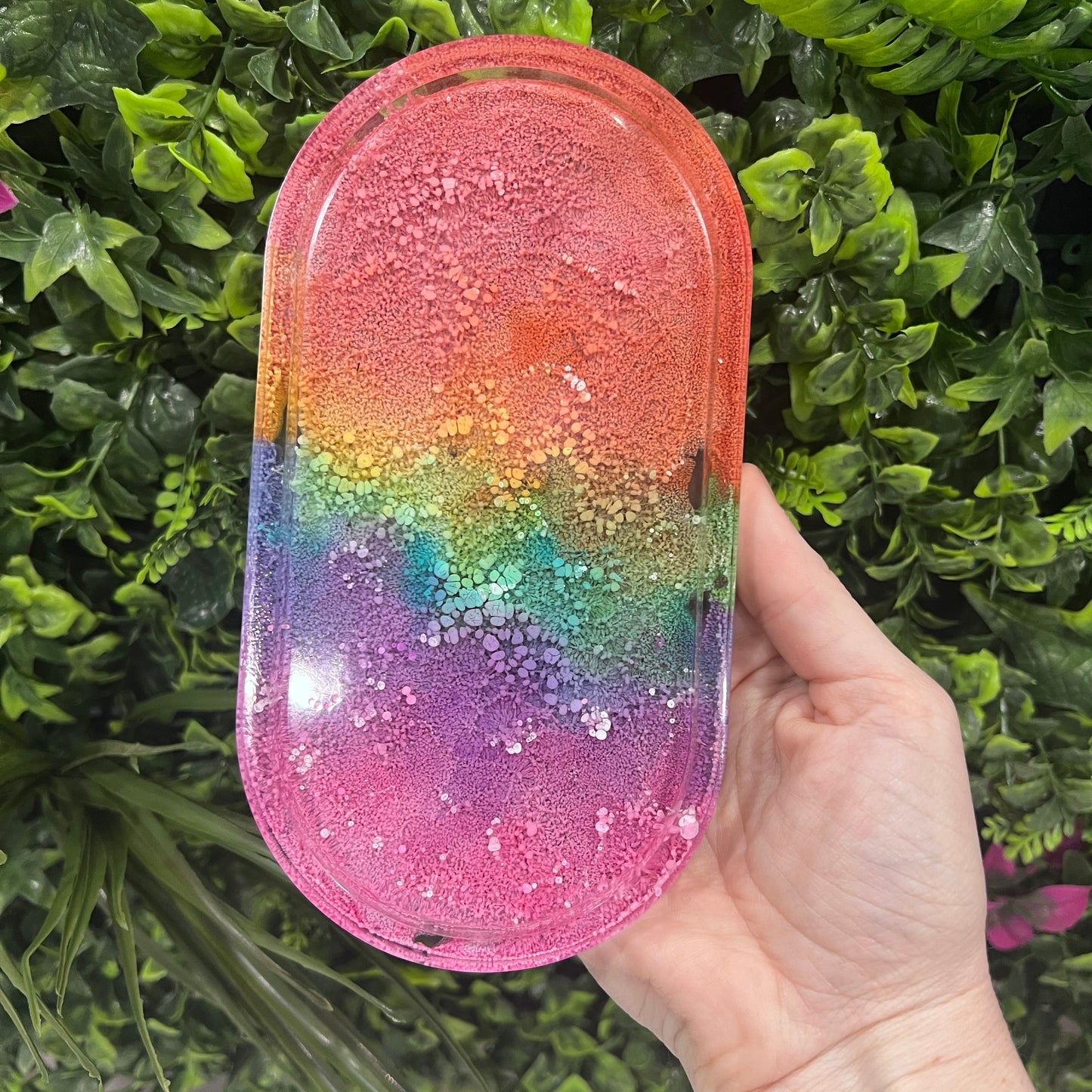 Handmade resin trinket tray with a vibrant rainbow petri pattern. Perfect as a jewelry holder, catchall dish, or colorful home decor accent.
