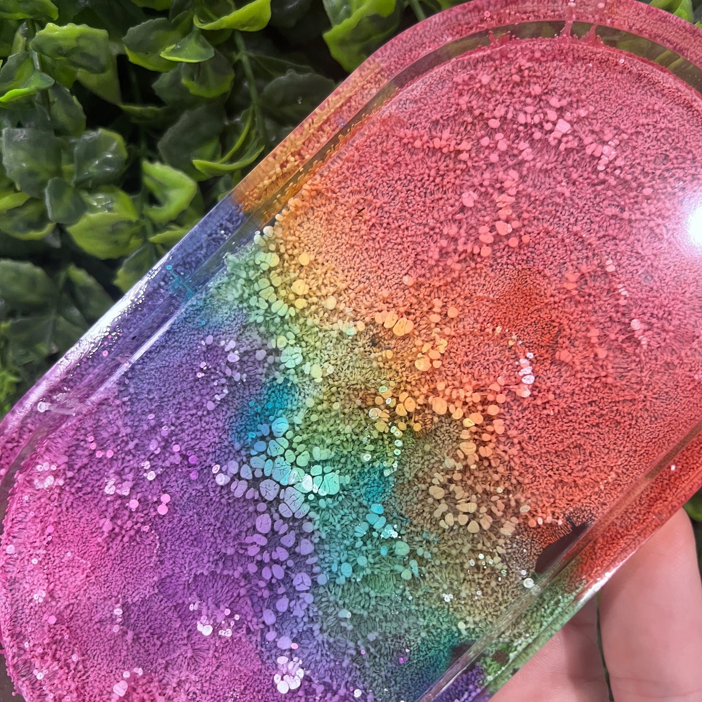Handmade resin trinket tray with a vibrant rainbow petri pattern. Perfect as a jewelry holder, catchall dish, or colorful home decor accent.