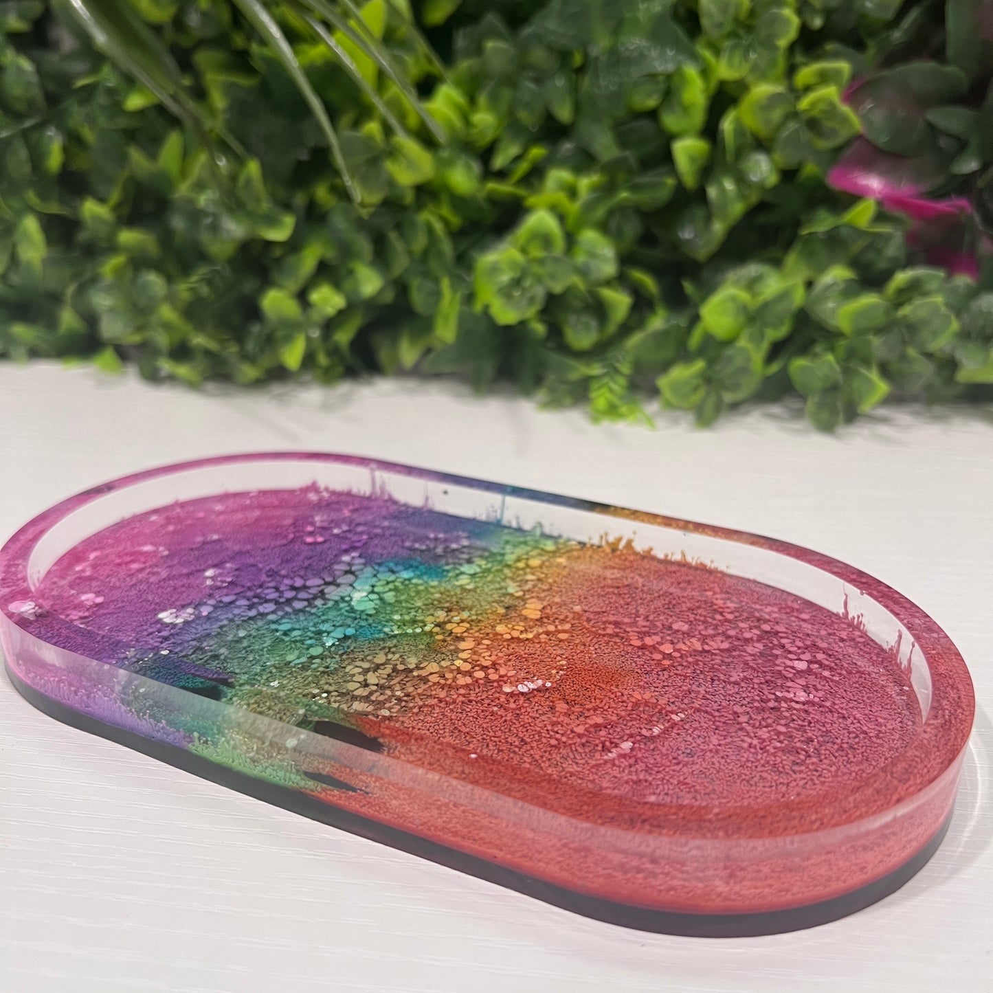 Handmade resin trinket tray with a vibrant rainbow petri pattern. Perfect as a jewelry holder, catchall dish, or colorful home decor accent.