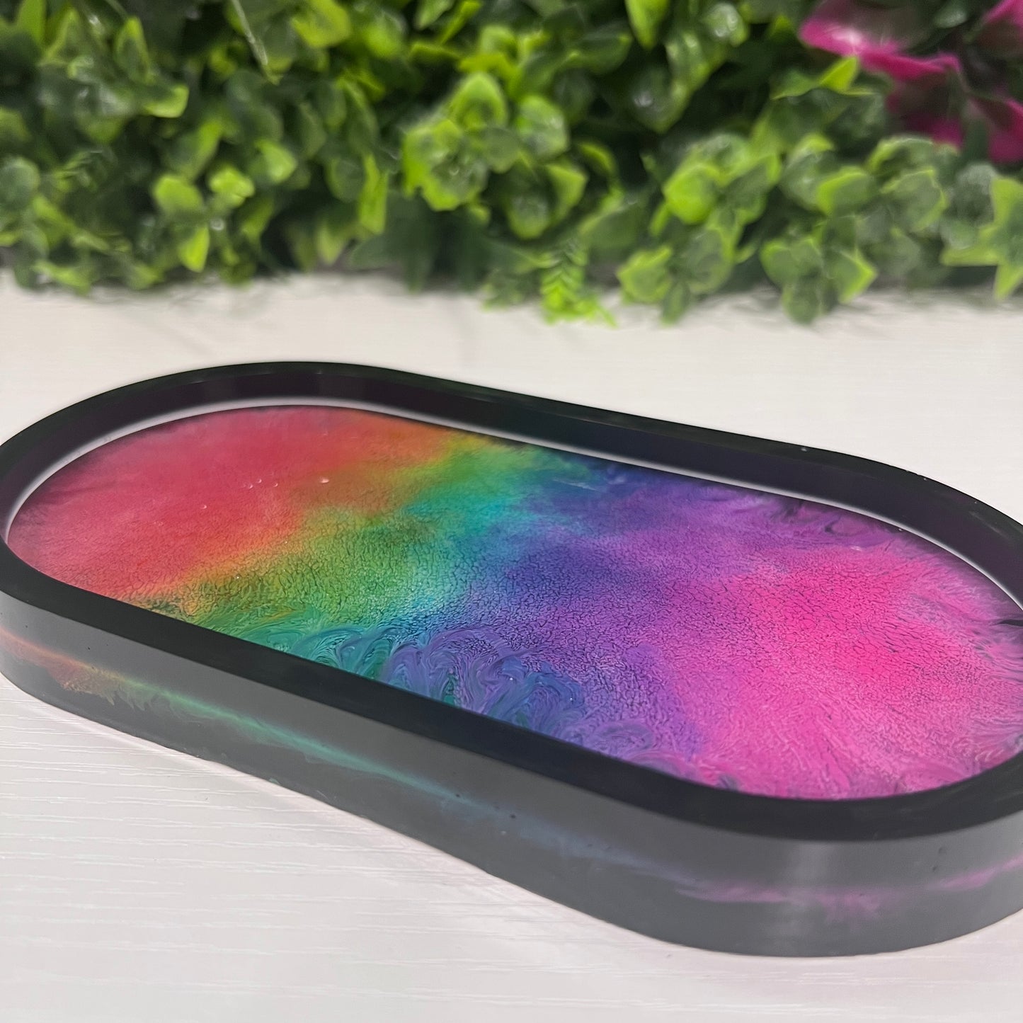 Handmade resin trinket tray with a vibrant rainbow petri pattern. Perfect as a jewelry holder, catchall dish, or colorful home decor accent.