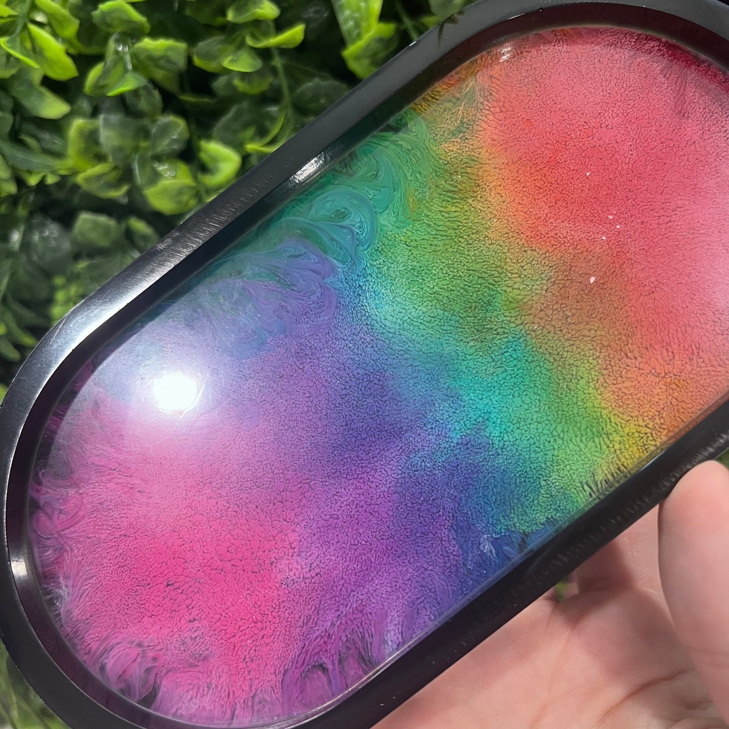 Handmade resin trinket tray with a vibrant rainbow petri pattern. Perfect as a jewelry holder, catchall dish, or colorful home decor accent.