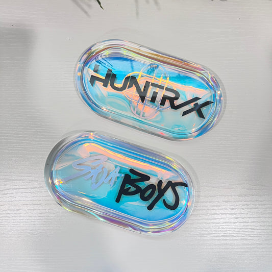 Handmade trinket tray featuring Saja Boys and Huntrix logos from KPOP Demon Hunters. Perfect for jewelry, small items, or decorative fandom display.