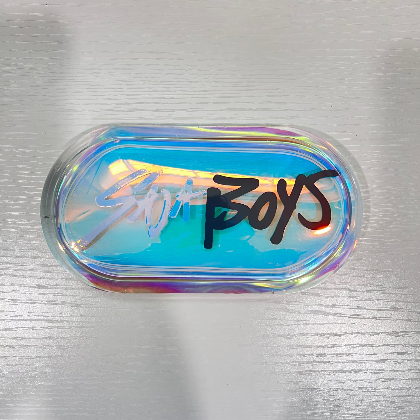 Handmade trinket tray featuring Saja Boys and Huntrix logos from KPOP Demon Hunters. Perfect for jewelry, small items, or decorative fandom display.