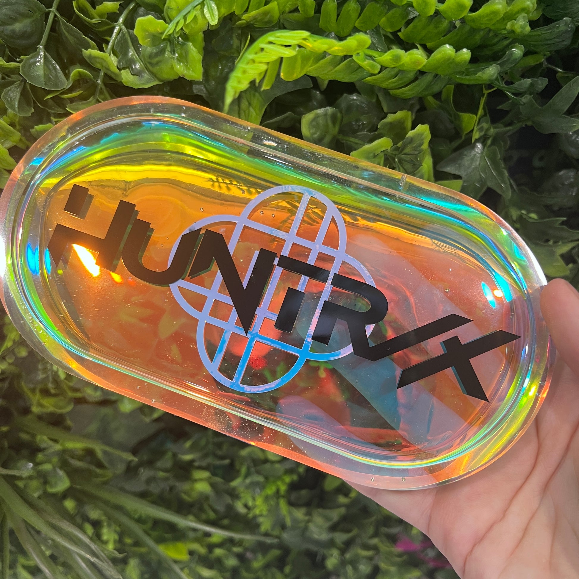 Handmade trinket tray featuring Saja Boys and Huntrix logos from KPOP Demon Hunters. Perfect for jewelry, small items, or decorative fandom display.