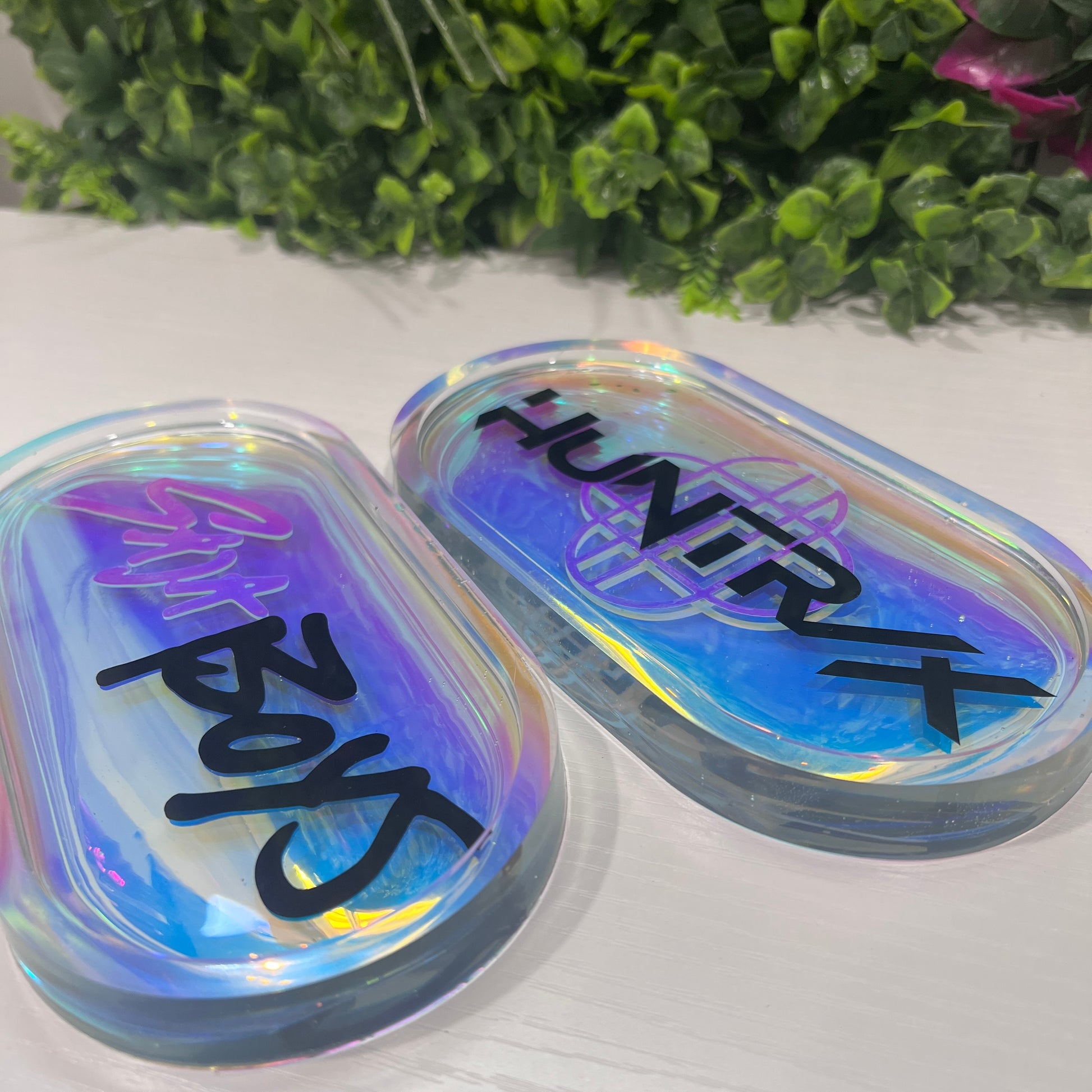 Handmade trinket tray featuring Saja Boys and Huntrix logos from KPOP Demon Hunters. Perfect for jewelry, small items, or decorative fandom display.