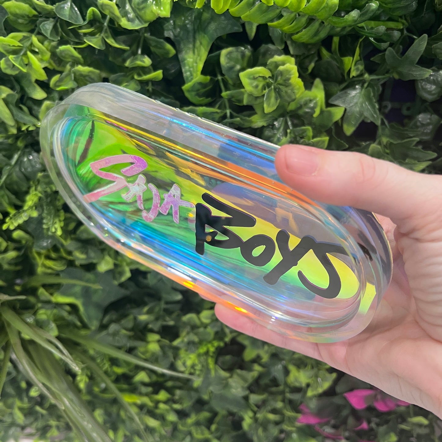 Handmade trinket tray featuring Saja Boys and Huntrix logos from KPOP Demon Hunters. Perfect for jewelry, small items, or decorative fandom display.