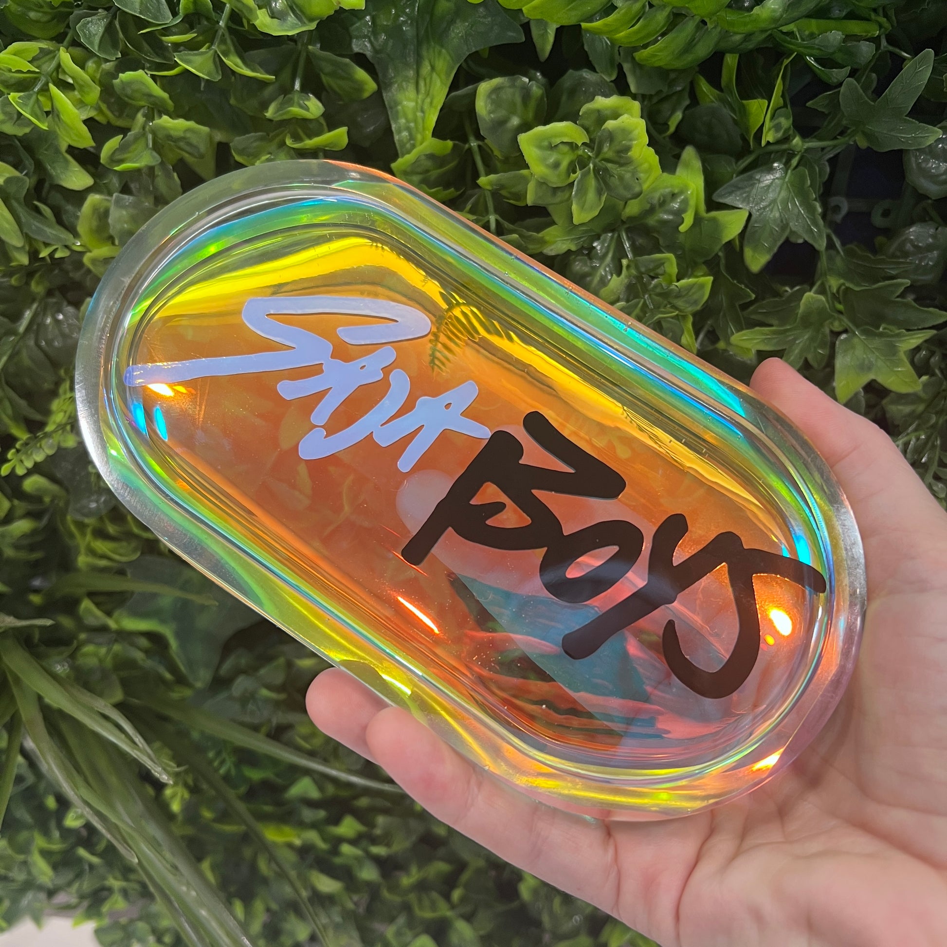 Handmade trinket tray featuring Saja Boys and Huntrix logos from KPOP Demon Hunters. Perfect for jewelry, small items, or decorative fandom display.