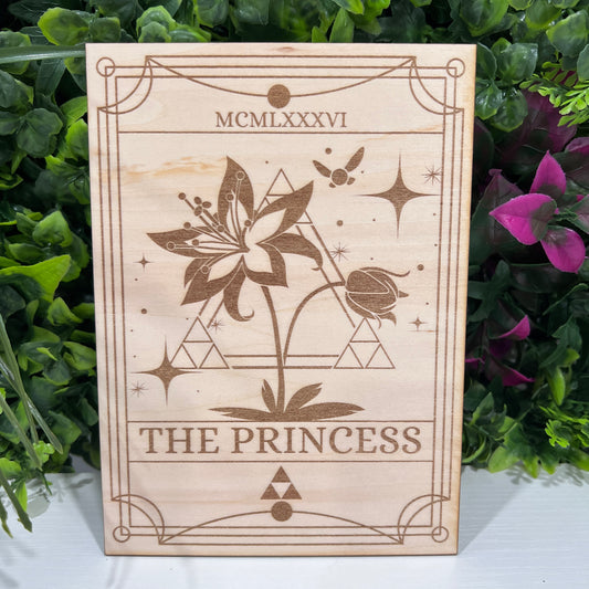 Wood laser engraved Zelda tarot card featuring intricate fantasy artwork. Perfect gamer collectible, geeky gift, or unique home decor piece.