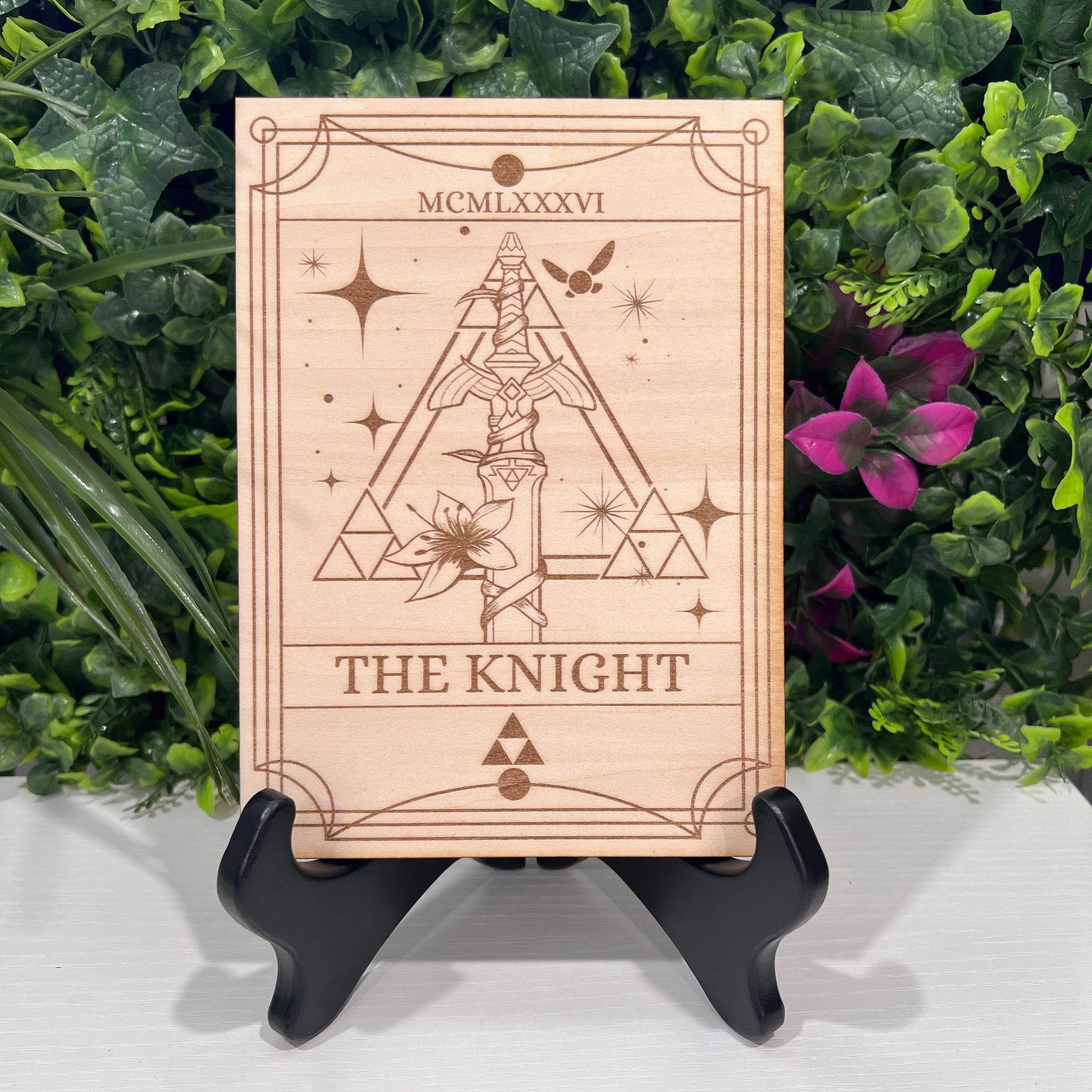 Wood laser engraved Zelda tarot card featuring intricate fantasy artwork. Perfect gamer collectible, geeky gift, or unique home decor piece.
