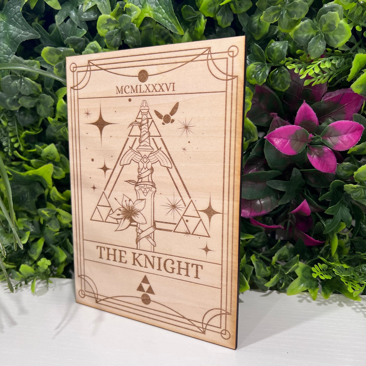 Wood laser engraved Zelda tarot card featuring intricate fantasy artwork. Perfect gamer collectible, geeky gift, or unique home decor piece.