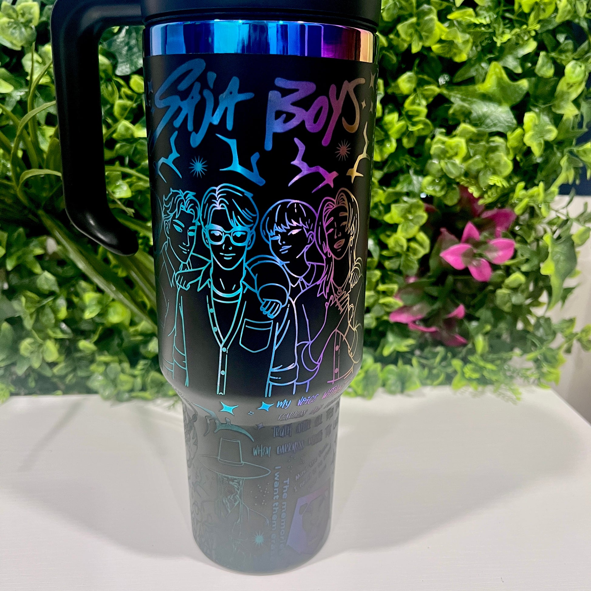 Laser engraved 40oz stainless steel tumbler with handle and straw featuring KPOP Demon Hunters design. Durable fandom drinkware for gamers and fans.