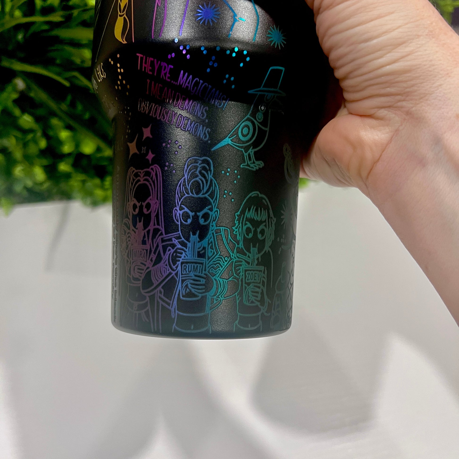 Laser engraved 40oz stainless steel tumbler with handle and straw featuring KPOP Demon Hunters design. Durable fandom drinkware for gamers and fans.